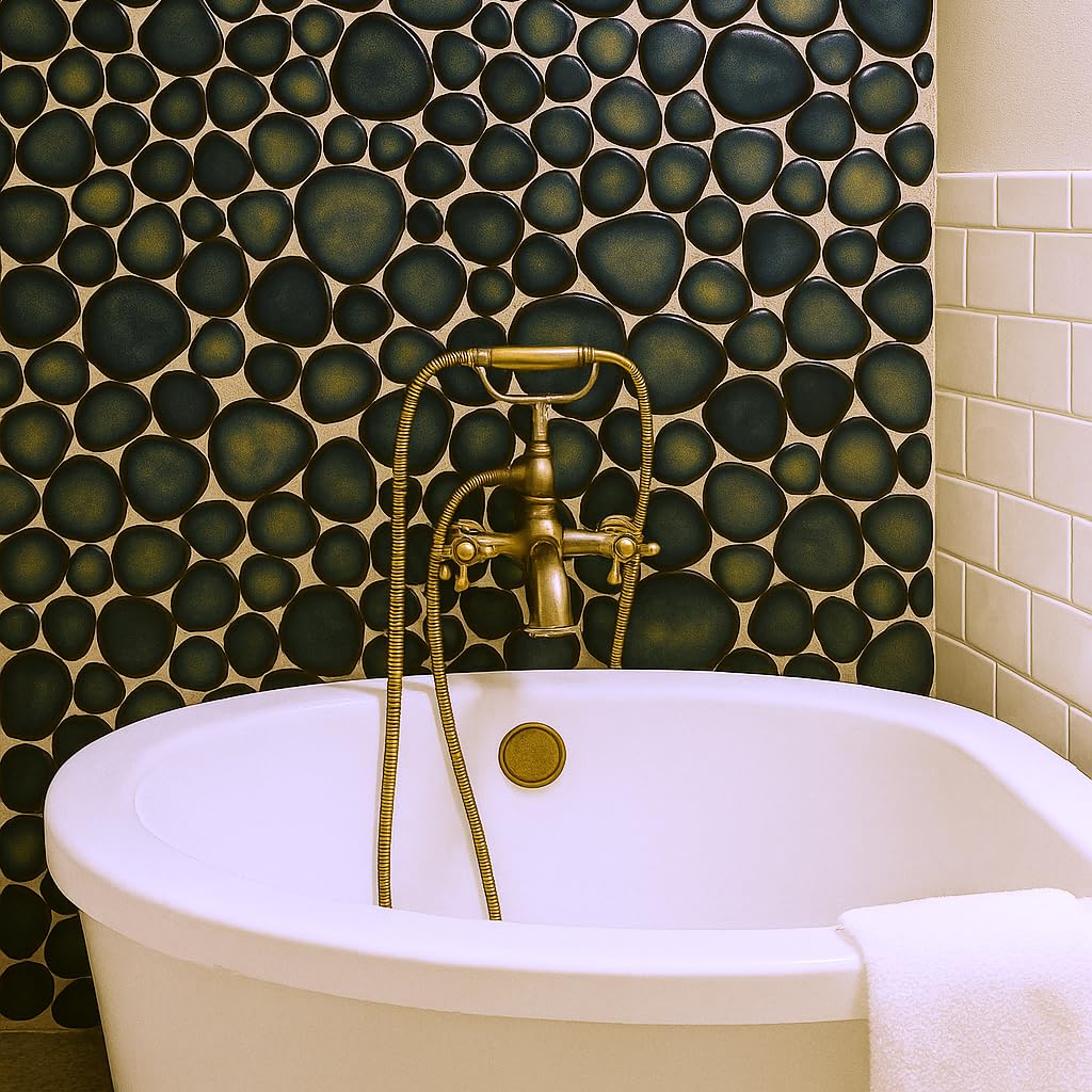 Blujellyfish Pebble Stone Tile for Shower Floor Bathroom Backsplash Accent Wall Gradient Brown Teal Pebble Tiles (5 Sq.Ft)