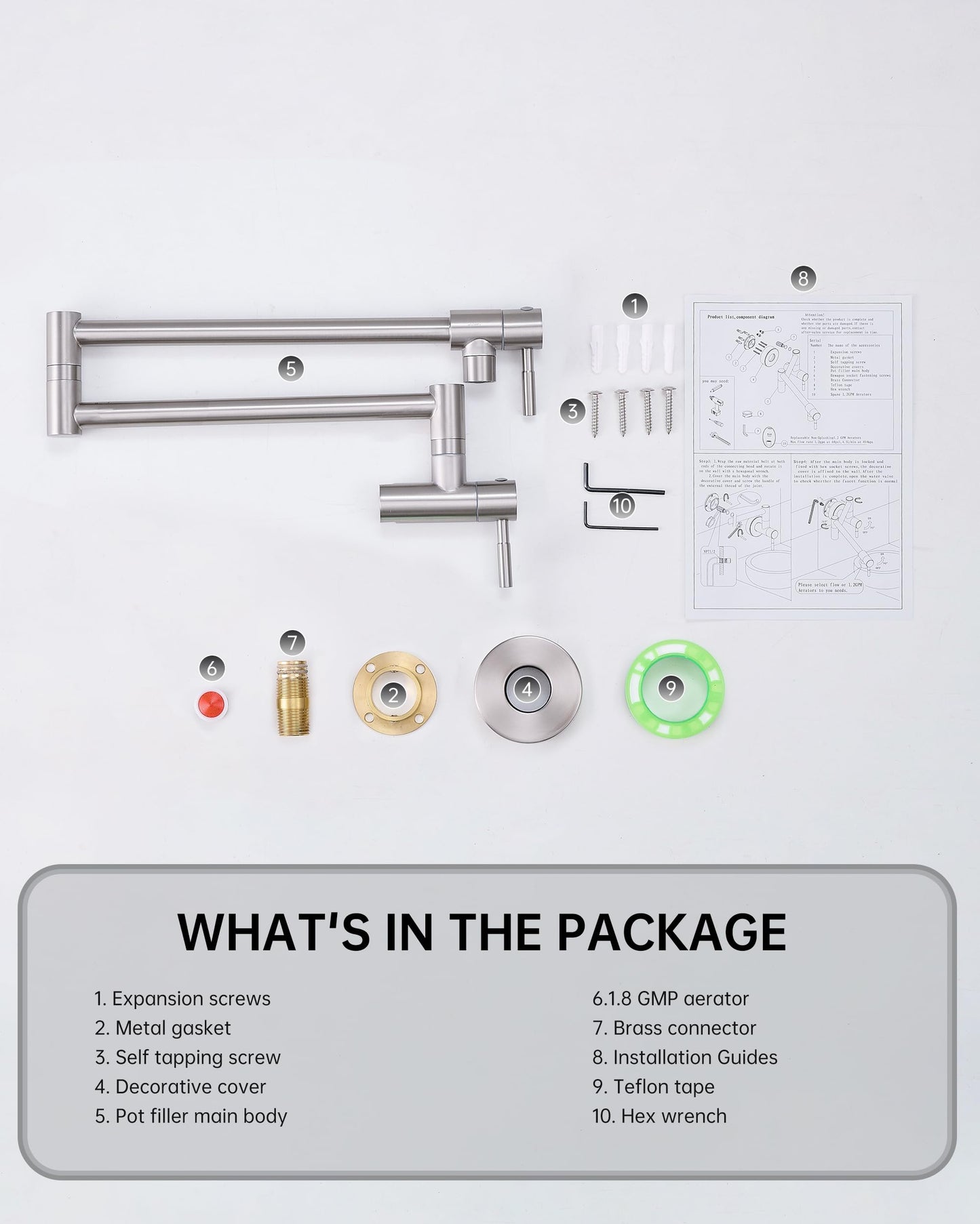 Fransiton Brushed Nickel Pot Filler, Pot Filler Faucet Wall Mount, Brass Folding Stretchable with Double Joint Swing Arm Single Hole Two Handles Kitchen Restaurant