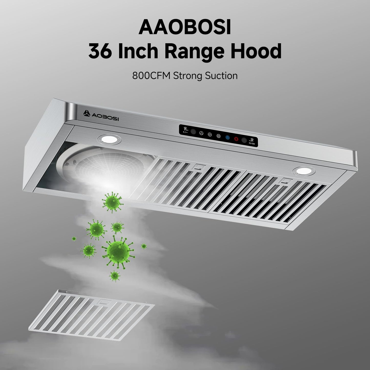 AAOBOSI 36 Inch Under Cabinet Range Hood, 800 CFM Stainless Steel Kitchen Vent Hood with Gesture Sensing, Touch Control, 3-Speed Exhaust Fan, LED Lights, Ducted Range Hood