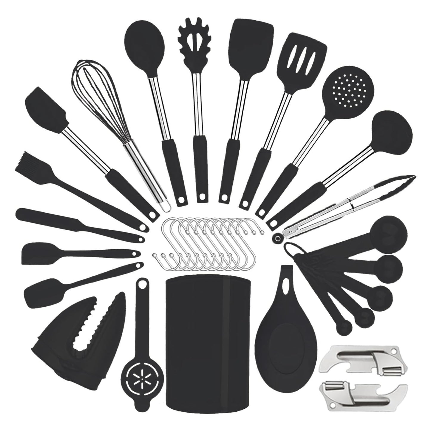 Silicone Kitchen Cooking Utensils Set with Stainless Steel Handle, Spatula Set Utensil Set, Cooking Utensil Set,Kitchen Tools Gadgets for Nonstick Cookware (35, Black)