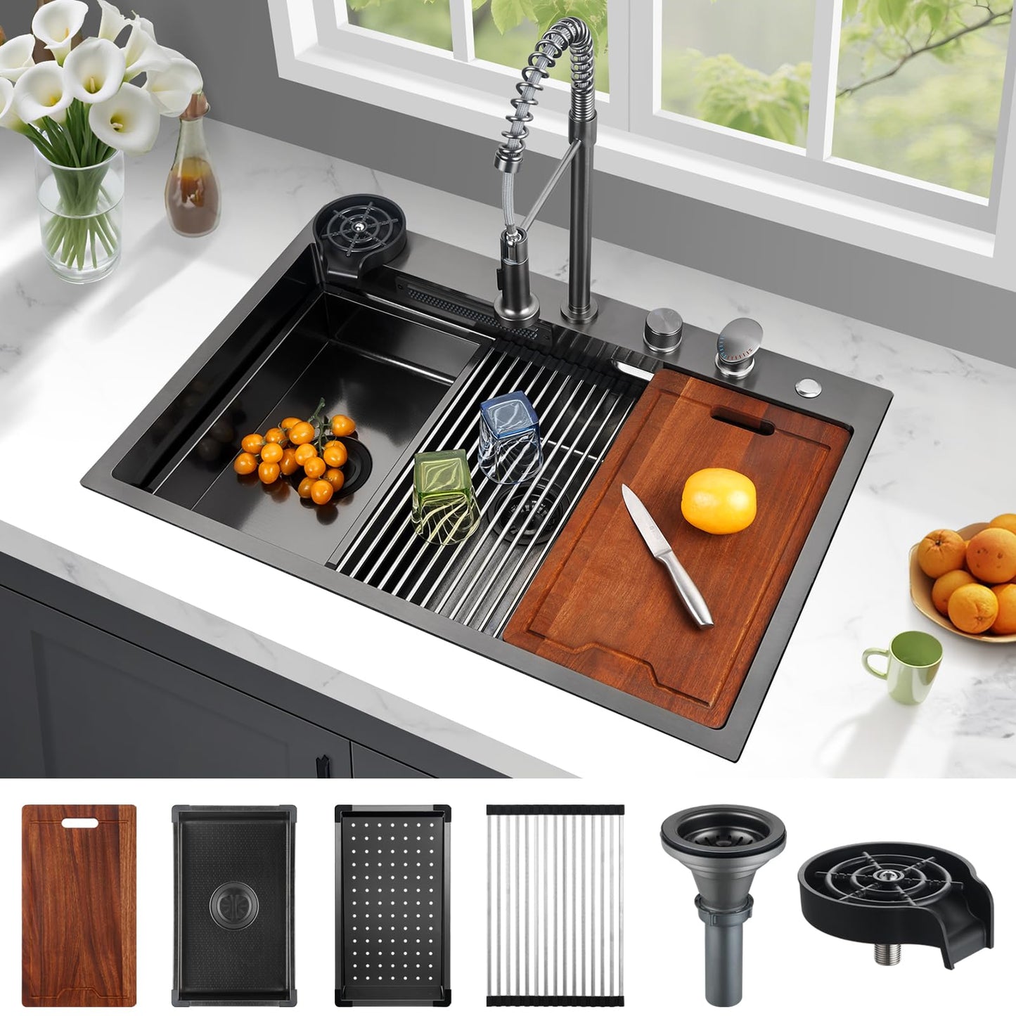 Kunoqi 33x22 Inch Kitchen Sink with Waterfall Faucet Combo, Nano PVD Black 16 Gauge Stainless Steel Workstation, Scratch Resistant Single Bowl Drop-In Sink, Multifunctional Handmade Design