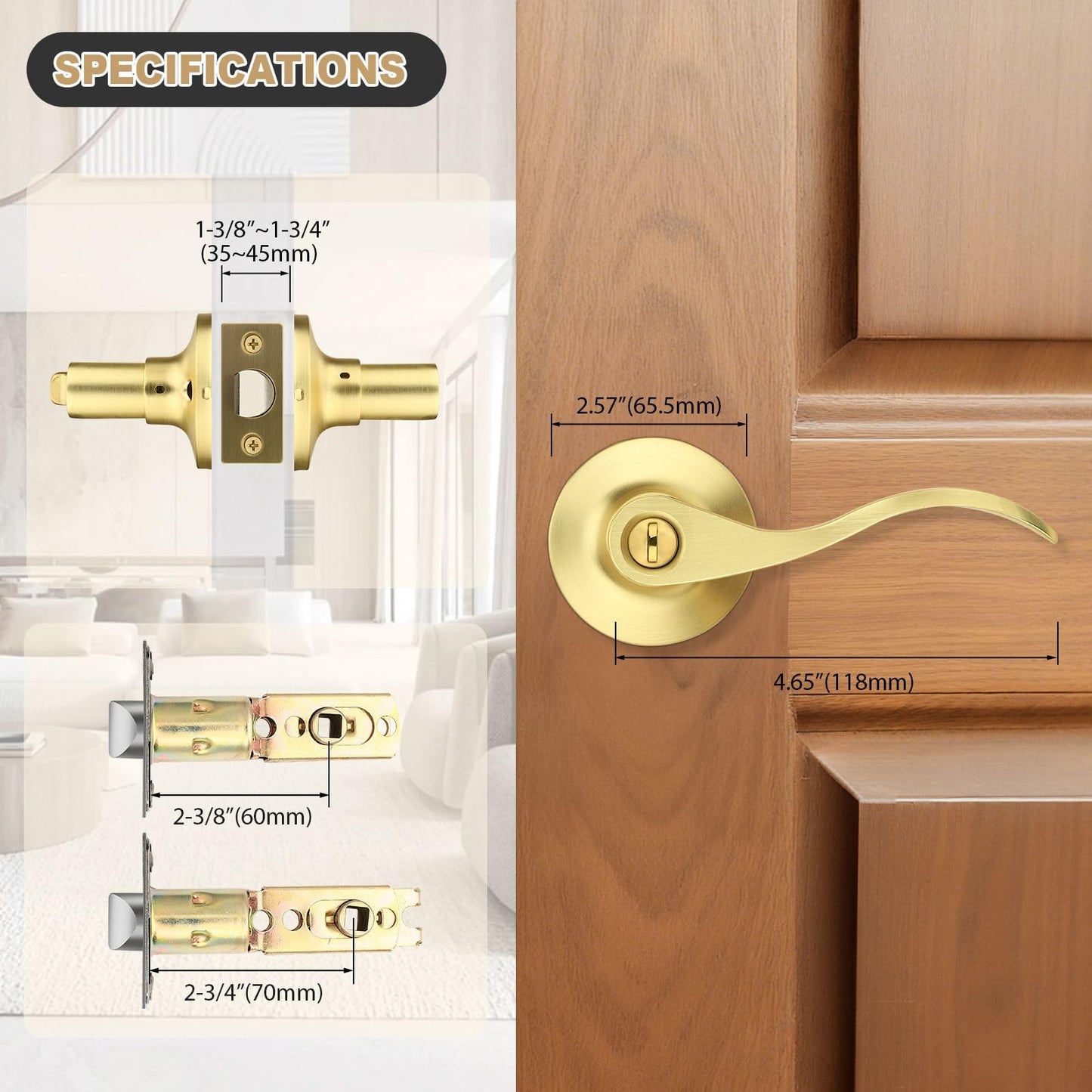 GOBEKOR Gold Door Handle Wave Privacy Door Lever Brushed Gold Door Handles Interior with Lock for Bedroom Bathroom Reversilble for Left/Right-Handed Doors, Satin Brass(10 Pack)