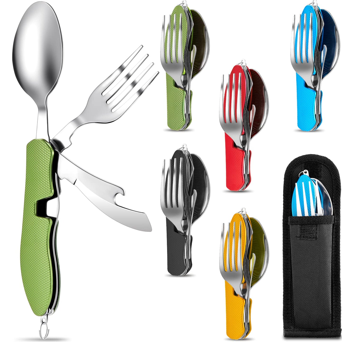 Folding Camping Utensil Set – Stainless Steel Spoon, Fork, Knife & Bottle Opener – Portable Outdoor Tableware, Backpacking Cutlery in Red, Green, Blue, Black, Gold(5 Pcs)