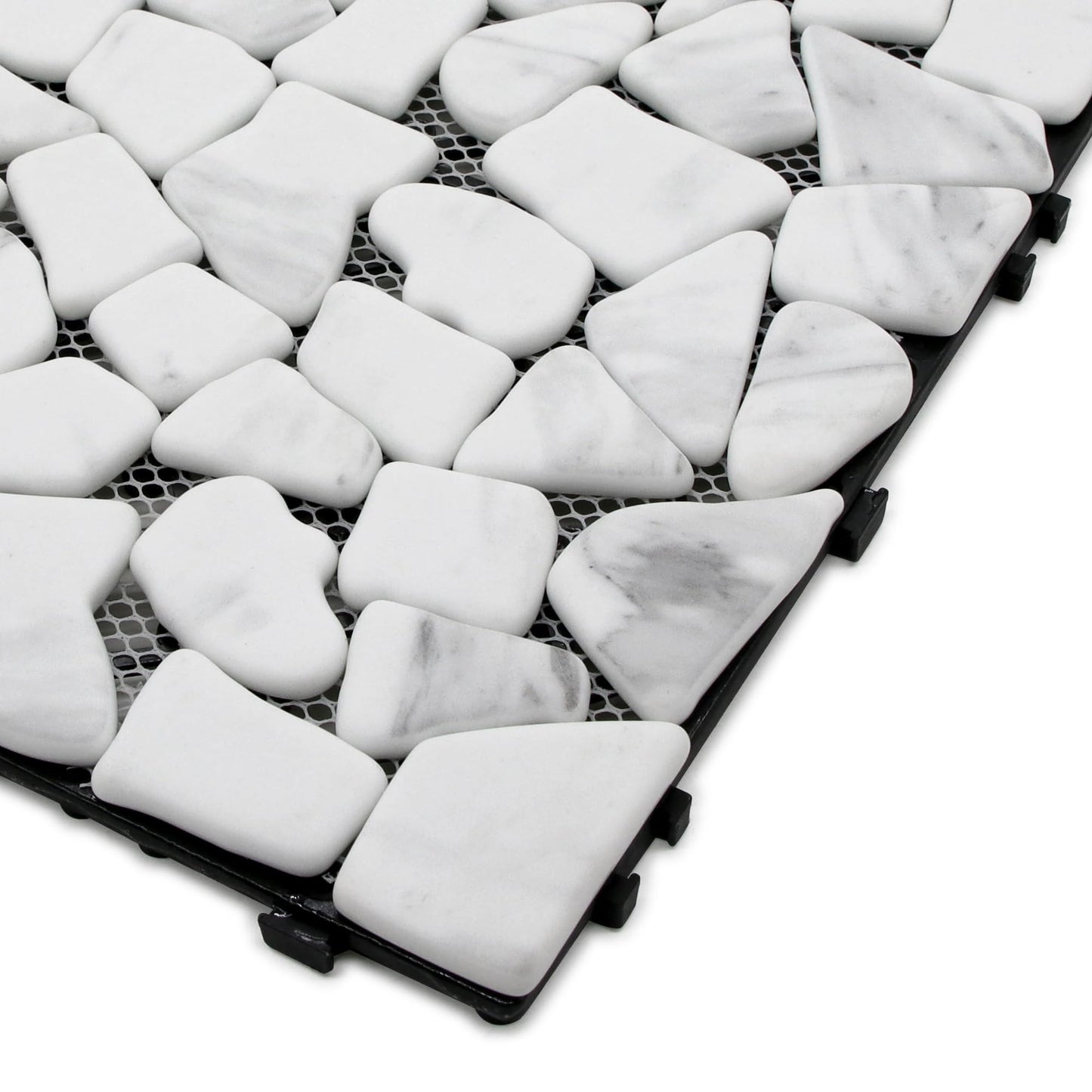 4PCS Natural Pebble Interlocking Deck Tiles, 12" x 12" Recycled Glass Marble Looks Waterproof Patio Deck, Outdoor & Indoor Flooring Decking Tiles for Porch Poolside Balcony Backyard, Carrara White