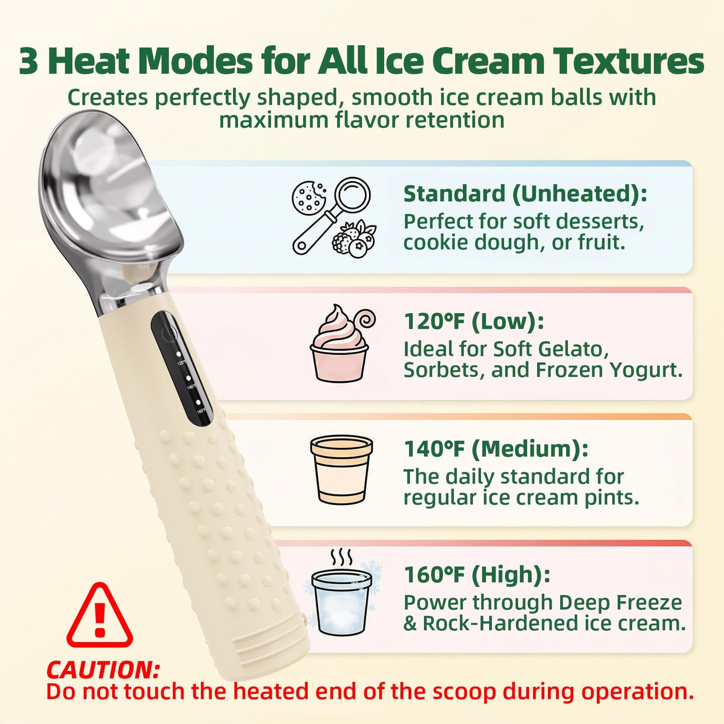 Heated Ice Cream Scoop: Rechargeable Electric Scooper with 3 Temperature Settings - 120/140/160 °F, LED Display & 2600 mAh Capacity for Hardened Gelato and Frozen Treats