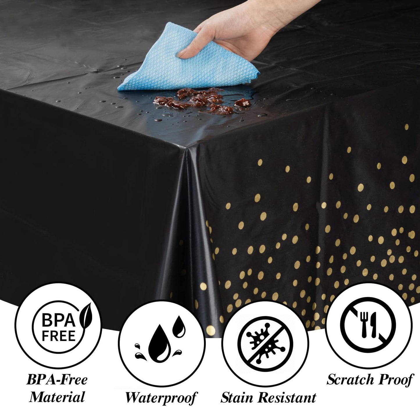 Goodluck 352 Pieces Black Dinnerware Set for 50 Guests, Black Square Plastic Plates with Gold Trim, Include: 100 Plastic Plates, 50 Rolled Napkins, 50 Cups, 50 Cutlery Set and 2 Tablecloth