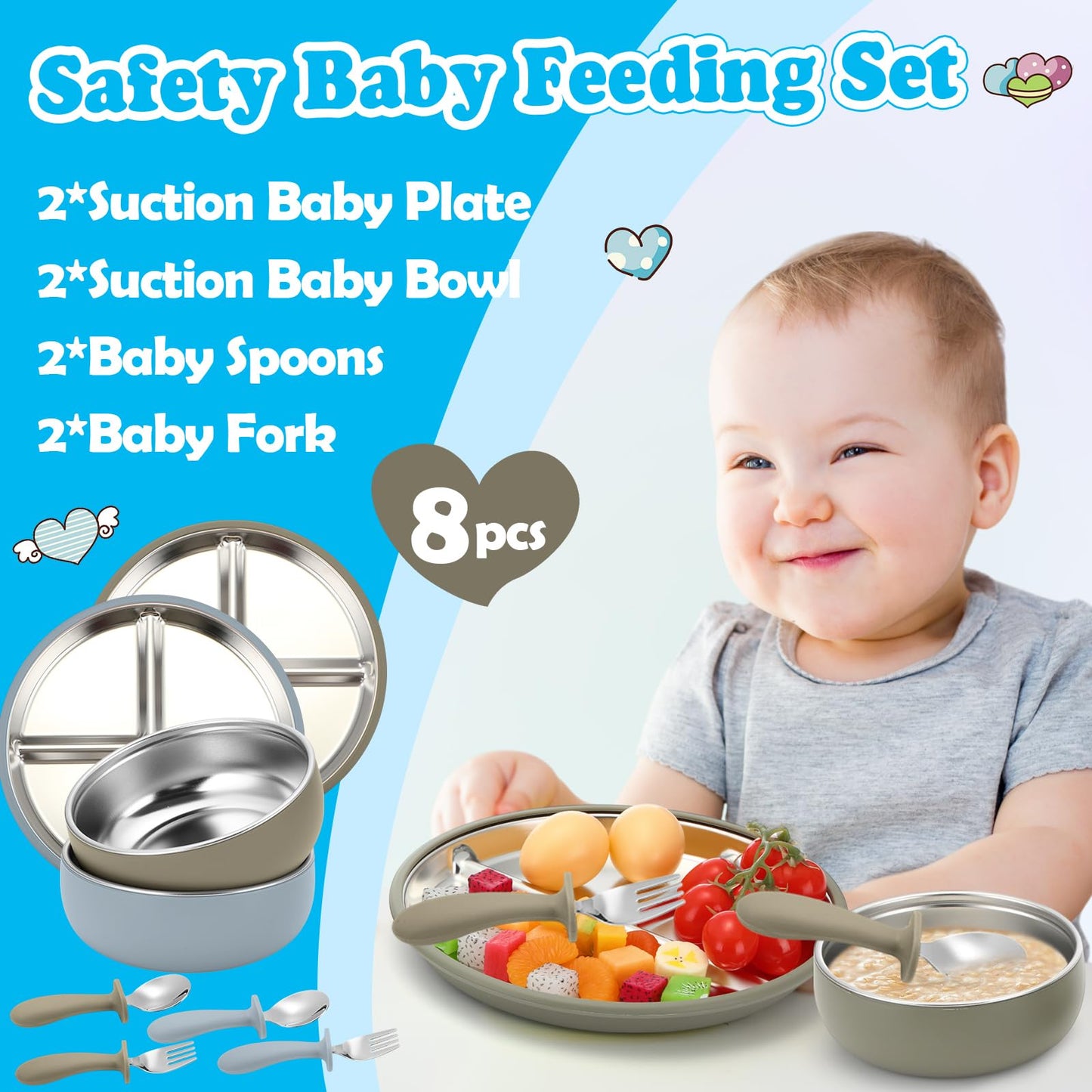 Honeydak 2 Pack Stainless Steel Baby Plates and Bowls with Suction & 2 Pack Spoons and Forks Set Kid Gift Toddler Utensil Baby Feeding Set Divided Plates for Weaning Supplies(Blue,Green)