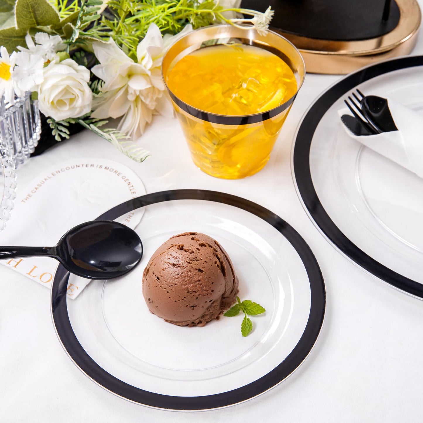 Liacere 350PCS - Clear Plates with Black Rim for 50Guests Dinnerware Include 100 Clear Plates disposable 150 Black Silverware 50 Napkins for Party & Graduation