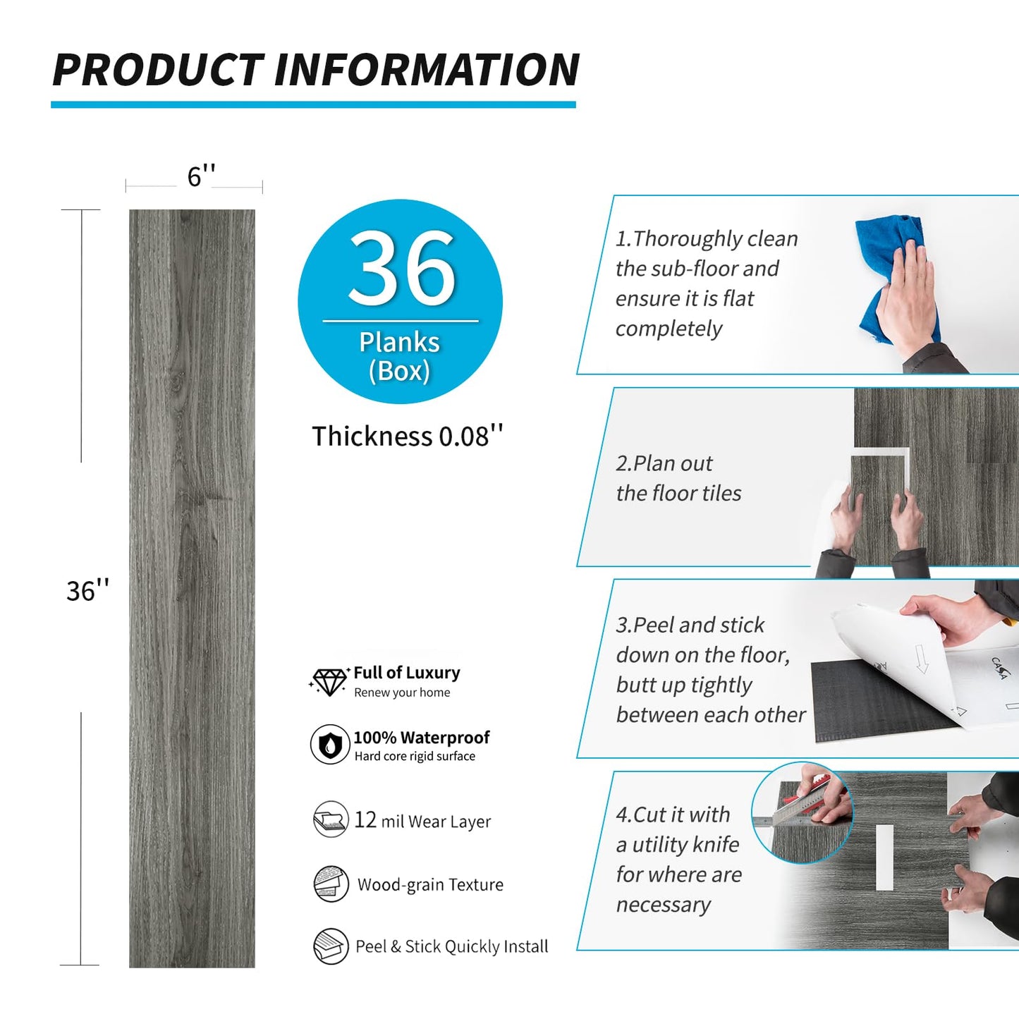 Art3d Peel and Stick Floor Tile Vinyl Wood Plank 36-Pack 54 Sq.Ft, Deep Gray, Rigid Surface Hard Core Easy DIY Self-Adhesive Flooring