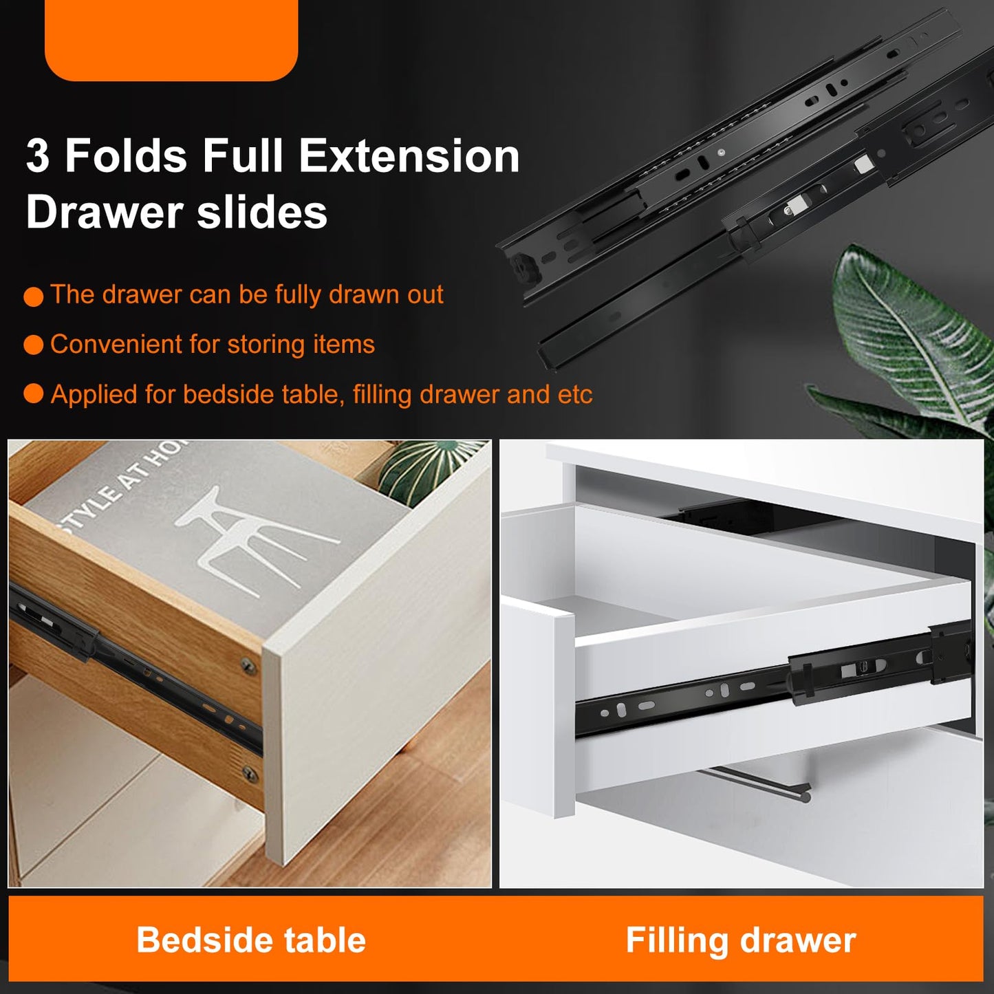 12 inch Drawer Slides 4 Pairs (8pcs) 3 fold Full Extension Side Mount Cabinet Drawer Glides 12" Black Cabinet Rails for Dresser, Cabinet, Kitchen,Trash Can, Wardrobe 100 LB Capacity