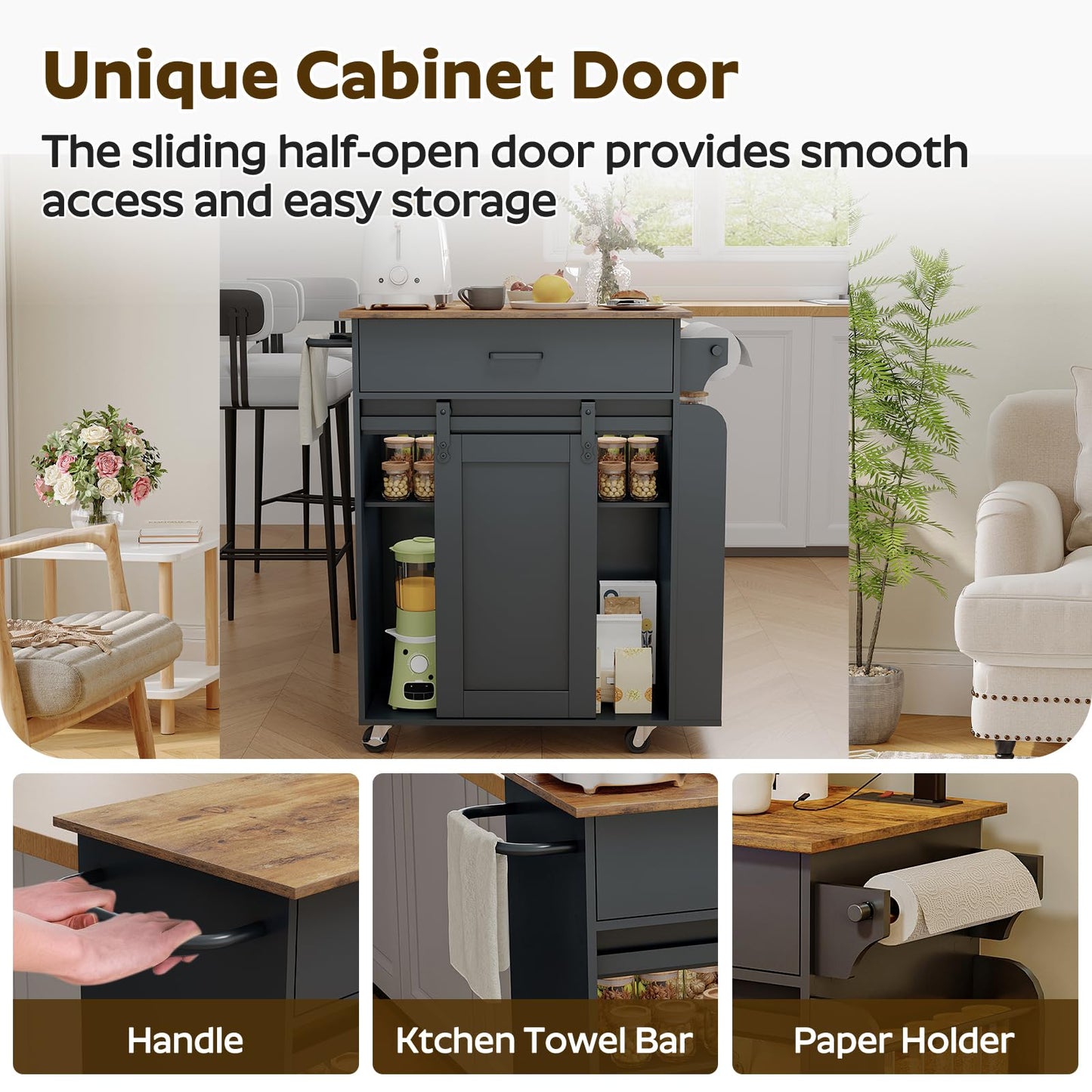 YATINEY Kitchen Island with Storage, Mobile Kitchen Cart with Charging Station, Kitchen Island on Wheels, Rolling Island Table with Sliding Cabinet Door, Black and Rustic Brown ZD01UBR