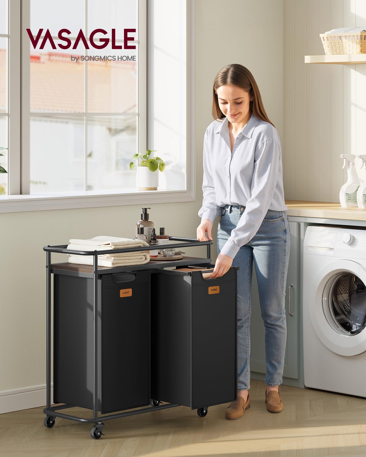 VASAGLE Laundry Sorter, Laundry Hamper with Wheels, 26.4 Gal. (100 L) Portable Rolling Cart Baskets with Shelf, 2 Removable Liners and 6 Labels, Ink Black and Chestnut Brown UBLH102BH01