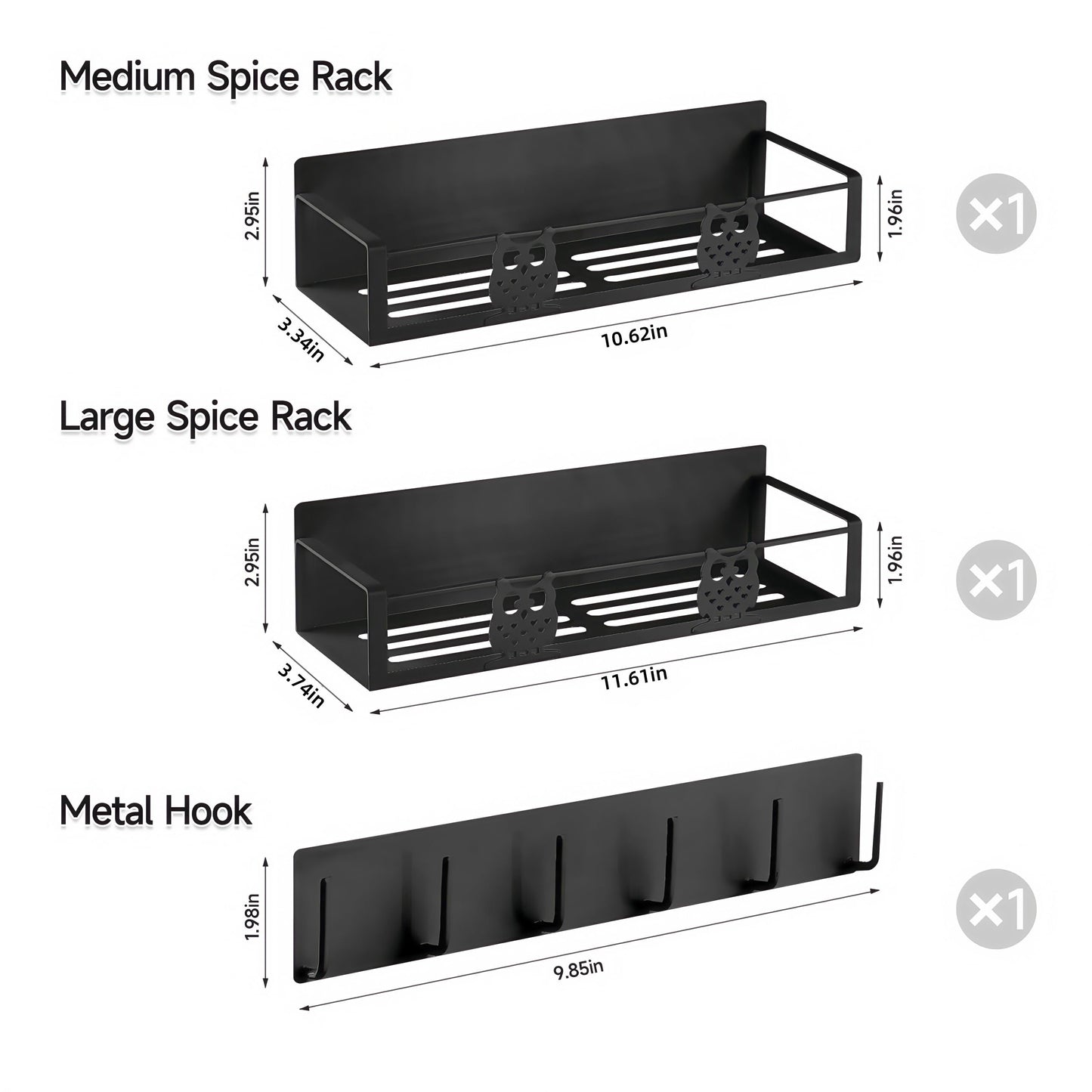 HCBaoXGui Magnetic Spice Rack for Refrigerator,Spice Organizer for Kitchen,Seasoning Organizer Rack,Magnetic Shelf with Hooks,Strong Magnet,Moveable,No Drilling(3 Pack,Black,Owl)