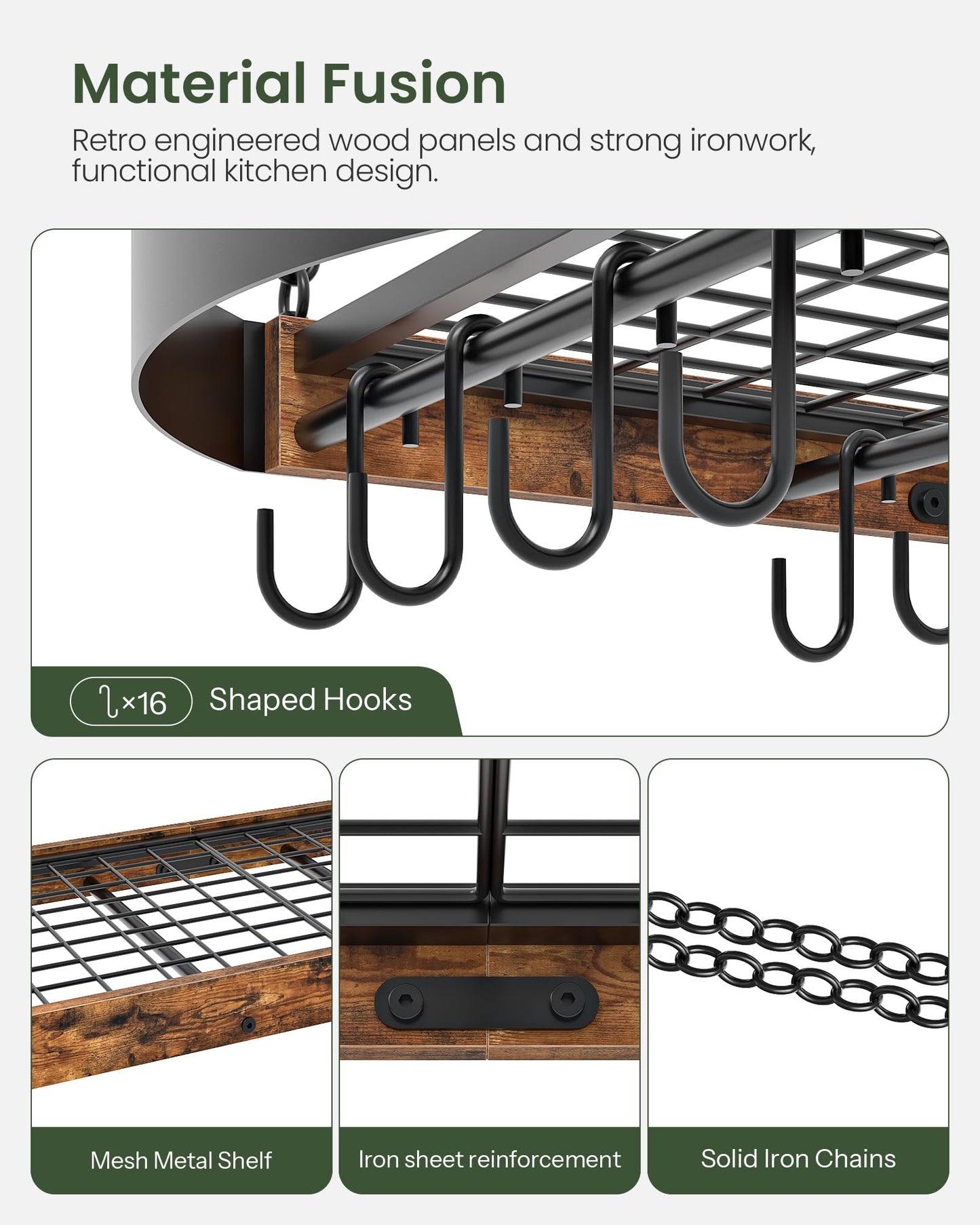 CHOEZON 31.7-Inch Hanging Pot Rack, Space-Saving Pot Hanger for Kitchen, Ceiling Pan Hanging Rack with 16 Detachable S Hooks, Sturdy Metal Frame, Industrial Style, Rustic Brown and Black TPR09BF