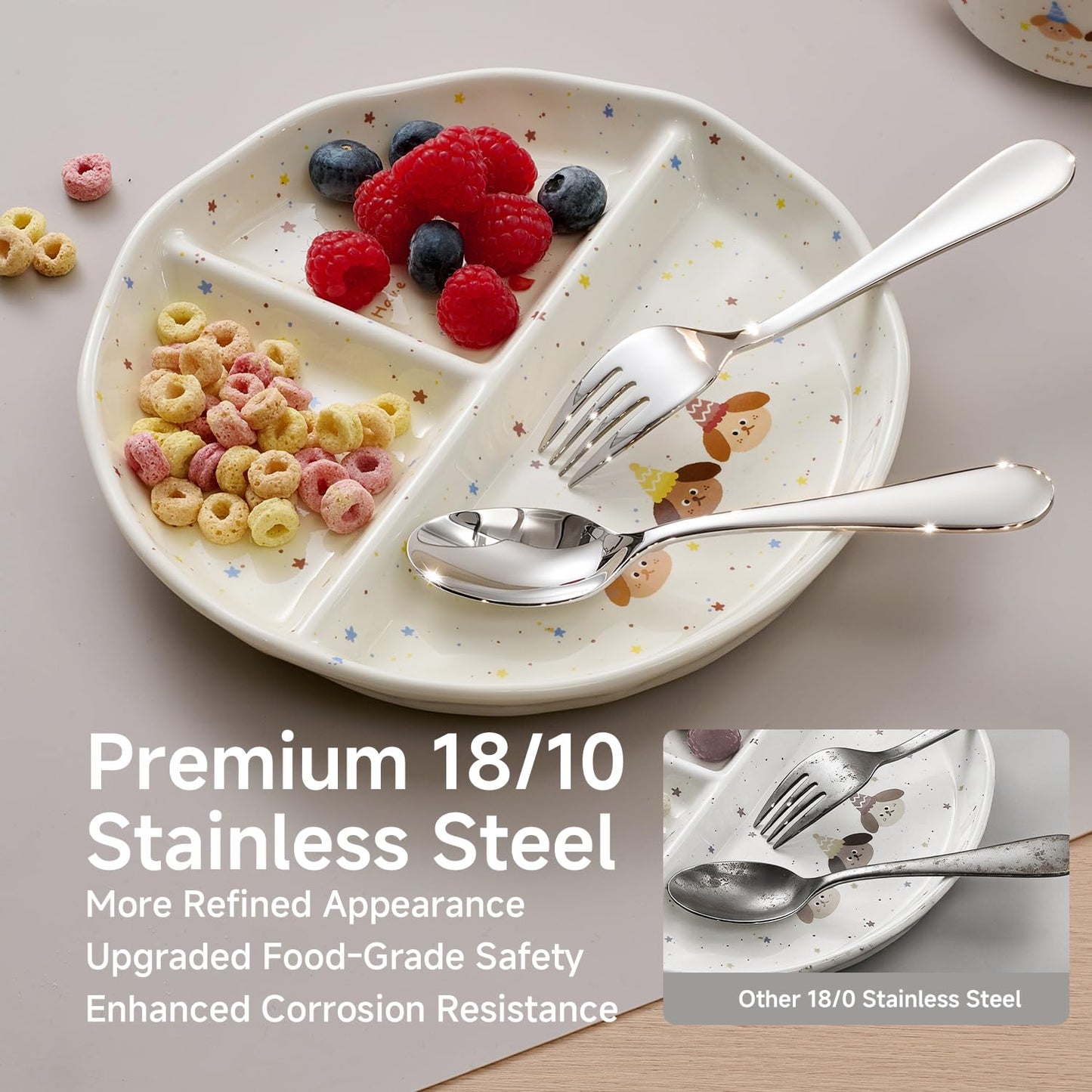 KINGSTONE Toddler Utensils Set, 4 Piece Forks and Spoons Gift Set, Small and Large Kids Silverware Sets, 18/10 Stainless Steel Food Grade Flatware Sets, Dishwasher Safe, Mirror Polished