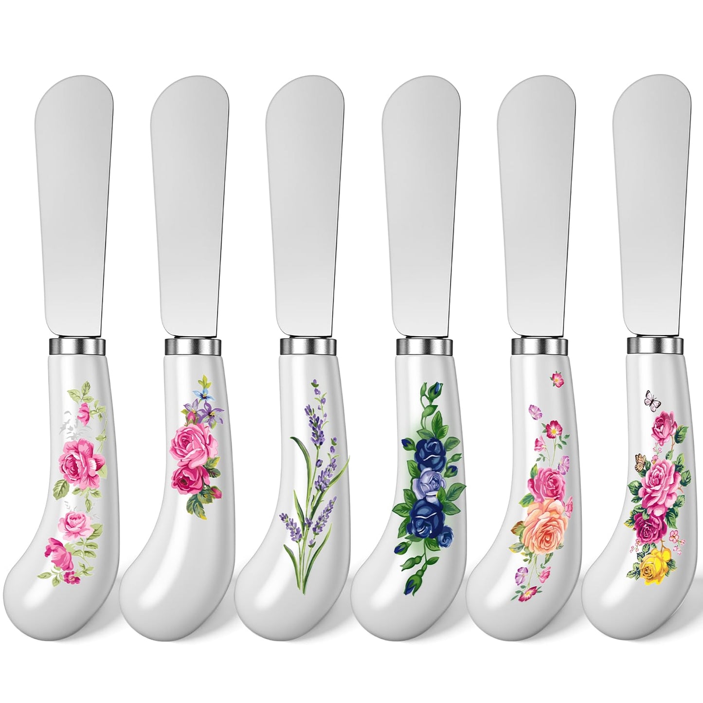 Yiyiring 6 Pack Floral Cheese Spreaders 4.95" Stainless Steel Butter Knife with Ceramic Handle for Jam, Pastry, Butter Knife - Holiday Silverware & Festive Kitchen Cutlery