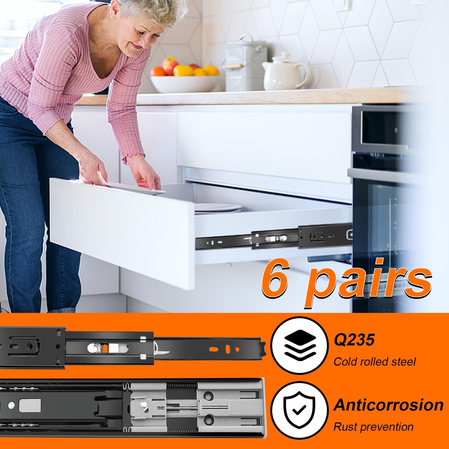 12 inch Drawer Slides 6 Pairs (12pcs) Soft Close 3 fold Full Extension Side Mount Cabinet Drawer Glides 12" Black Cabinet Rails for Dresser, Cabinet, Kitchen 100 LB Capacity