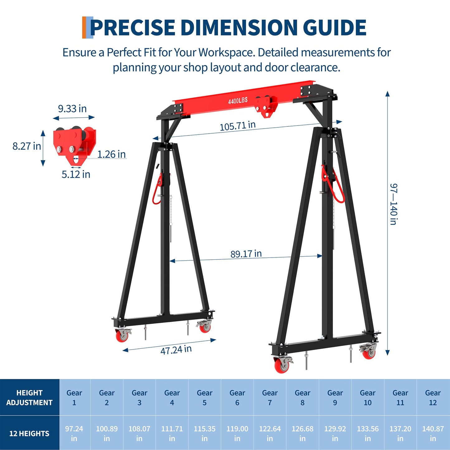 Adjustable Gantry Crane 2 Ton (4400 LBS) with Manual Trolley, Hook and Sling Strap, 12 Locking Positions (97" to 141") with Triangle Base, Portable I-Beam Hoist for Factory, Warehouse, Auto Repair