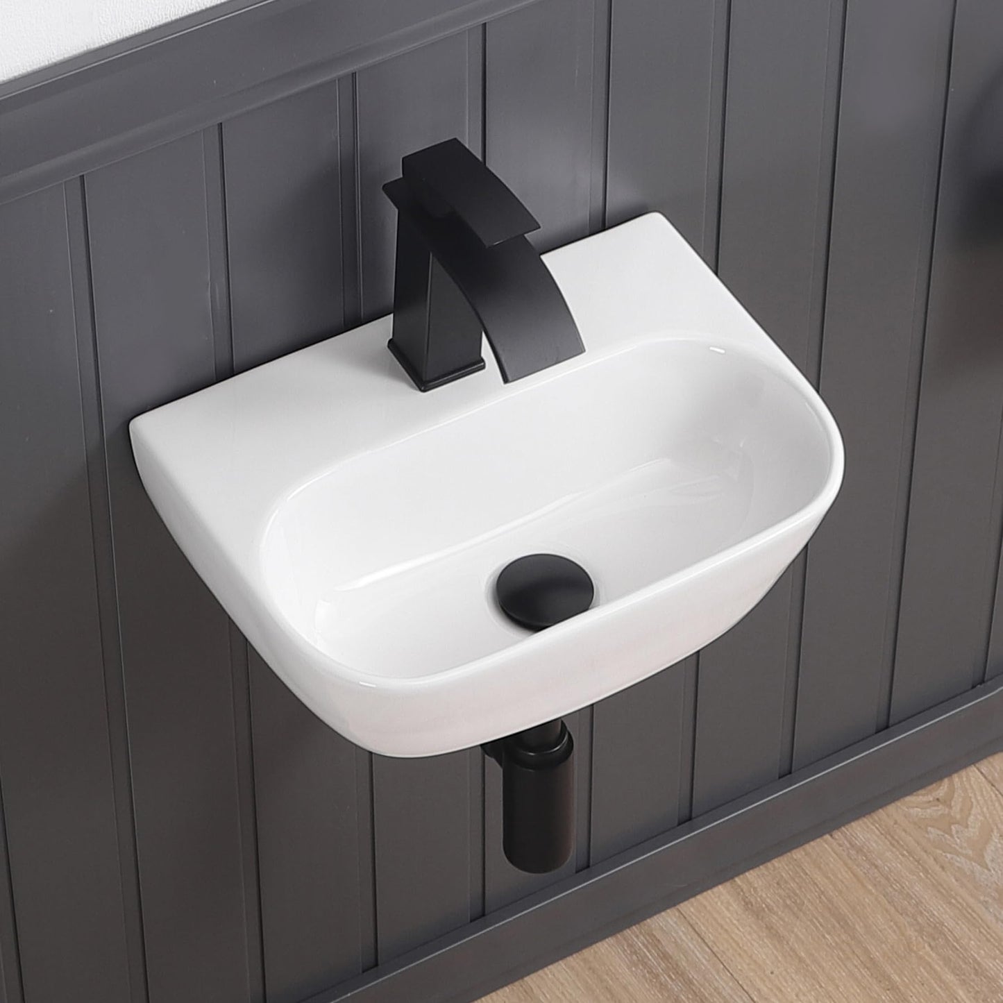 DEHOMEN 16.5" Wall Mount Bathroom Sink Rectangular Wall Hung Floating Vessel Sink Porcelain Lavatory Hand Basin for Small Bathroom,Grage White