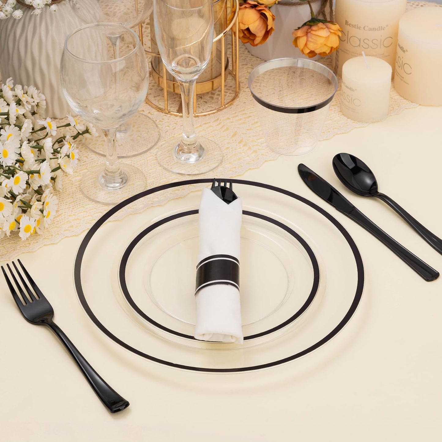 BESTSTAR 350PCS Clear and Black Disposable Plates Set for 50 Guests, 100 Plastic Plates, 50 Plastic Cups, 50 Pre-Rolled Napkins with Cutlery for Graduation Party, Thanksgiving, Birthday, Halloween