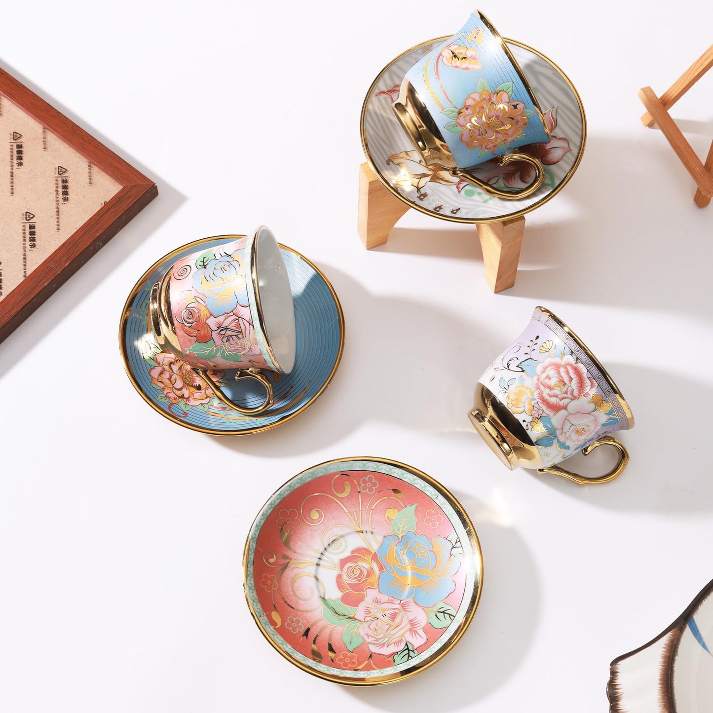 XRBEOU Tea Cups and Saucers, Tea Cup Set of 6, 8 OZ Floral Cups Porcelain Cup Set for Cappuccino, Coffee, Afternoon Tea Birthday Party Supply Housewarming Gift