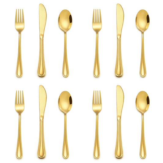 12-Piece Gold Kids Silverware, E-far Stainless Steel Toddler Kids Utensils Safe for Preschooler/Children, Includes 4 Forks 4 Spoons 4 Knife, Slimline Look & Small Size, Healthy & Rust Free