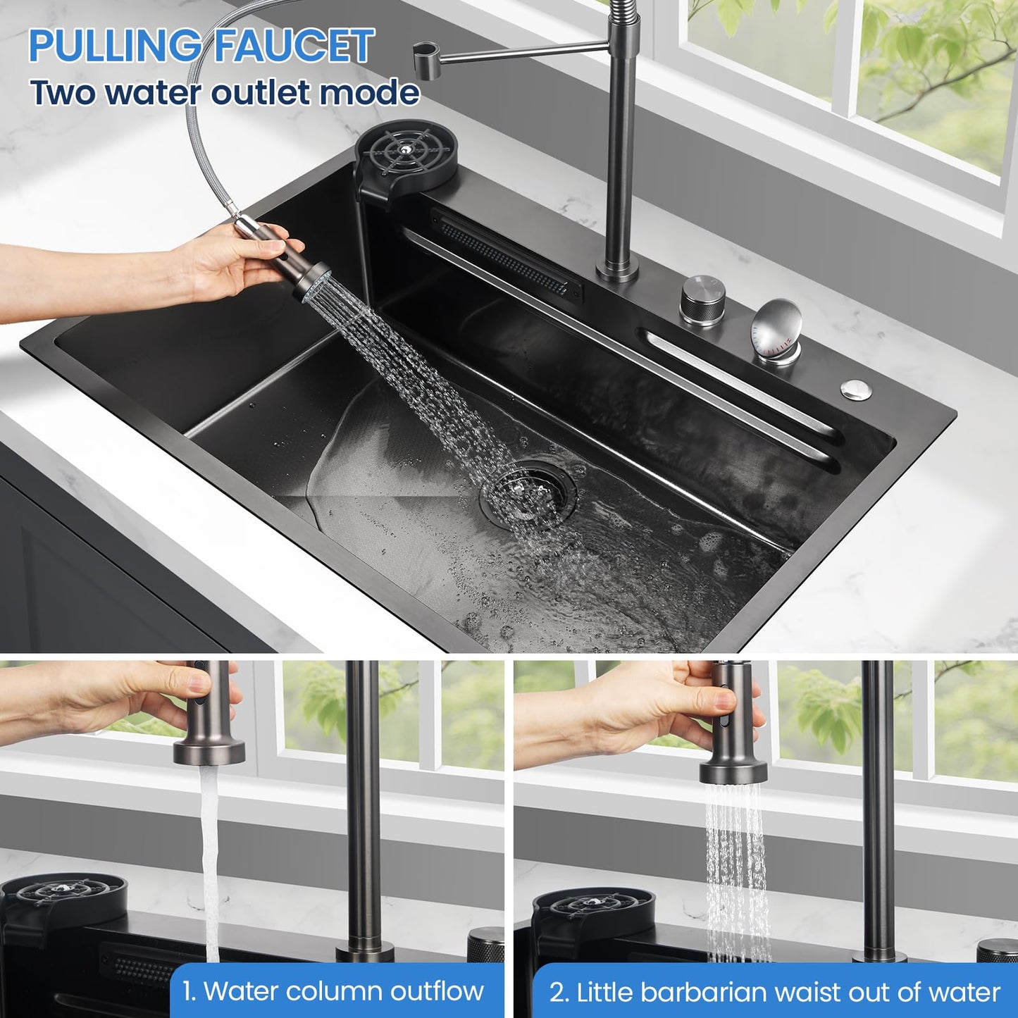 Kunoqi 33x22 Inch Kitchen Sink with Waterfall Faucet Combo, Nano PVD Black 16 Gauge Stainless Steel Workstation, Scratch Resistant Single Bowl Drop-In Sink, Multifunctional Handmade Design