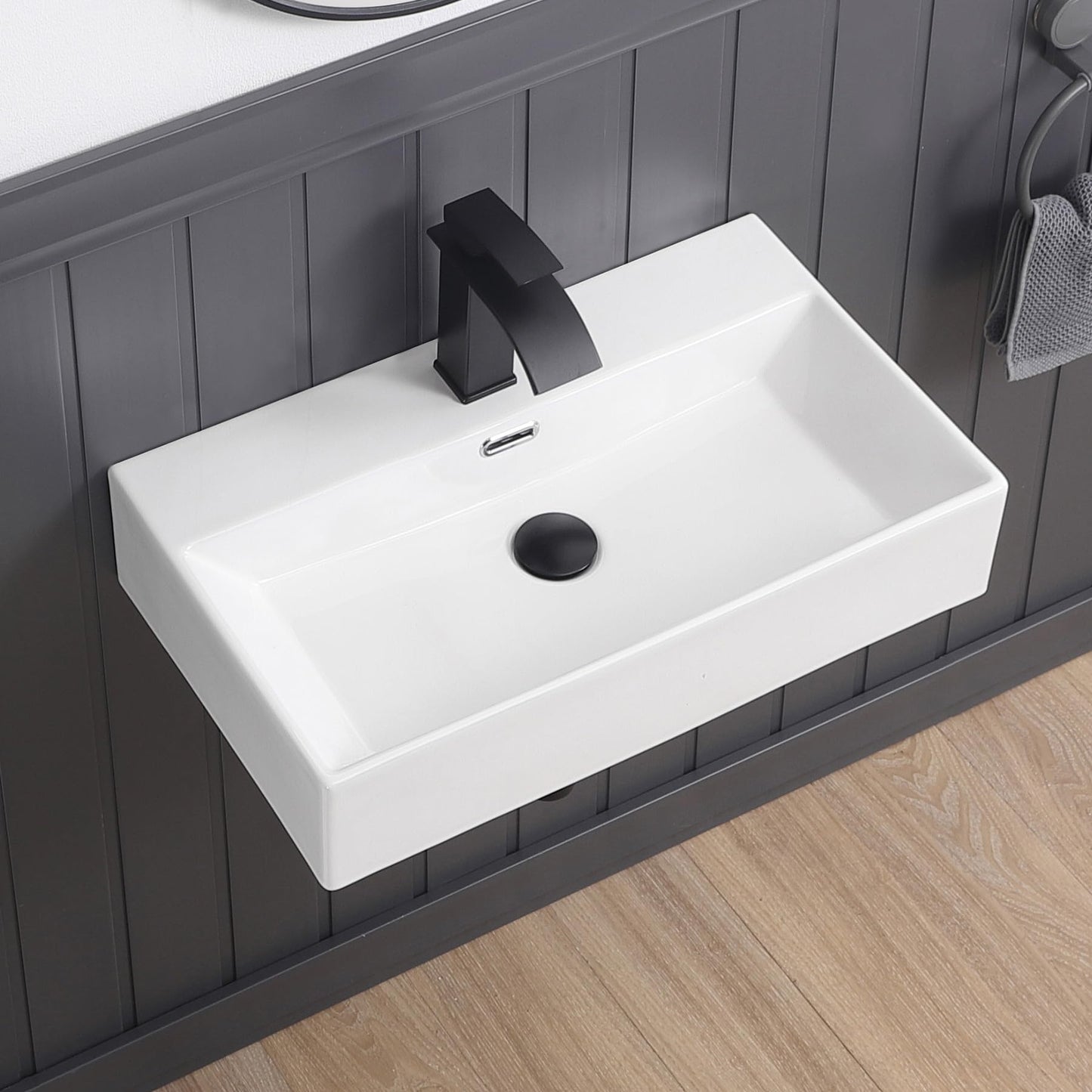 DEHOMEN 24-in Rectangle Wall Mount Bathroom Sink with Overflow, White Vanity Counter Top Lavatory Hand Basin for Modern Bathroom