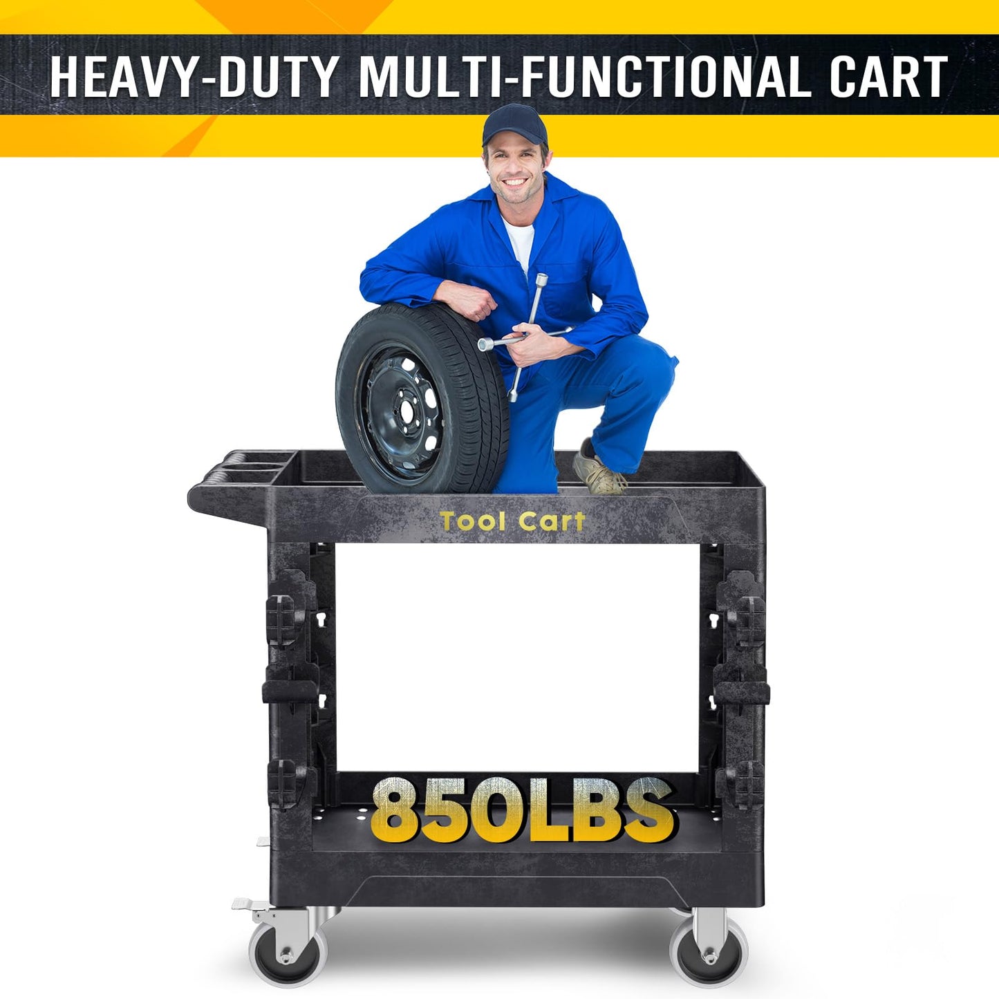 BSMTEK 850lbs Heavy Duty Plastic Utility Cart 34 x 17 Inch-Heavy Work Rolling Cart with Upgraded Side Tube Holder Hooks, 2 Tier Service Cart with Full Swivel Wheel for Warehouse,Garage, Cleaning,Black