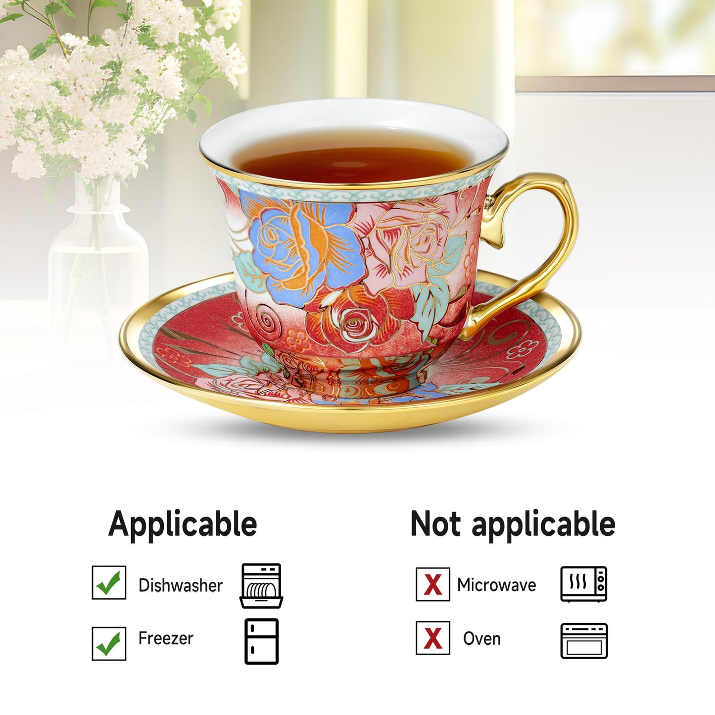 XRBEOU Tea Cups and Saucers, Tea Cup Set of 6, 8 OZ Floral Cups Porcelain Cup Set for Cappuccino, Coffee, Afternoon Tea Birthday Party Supply Housewarming Gift