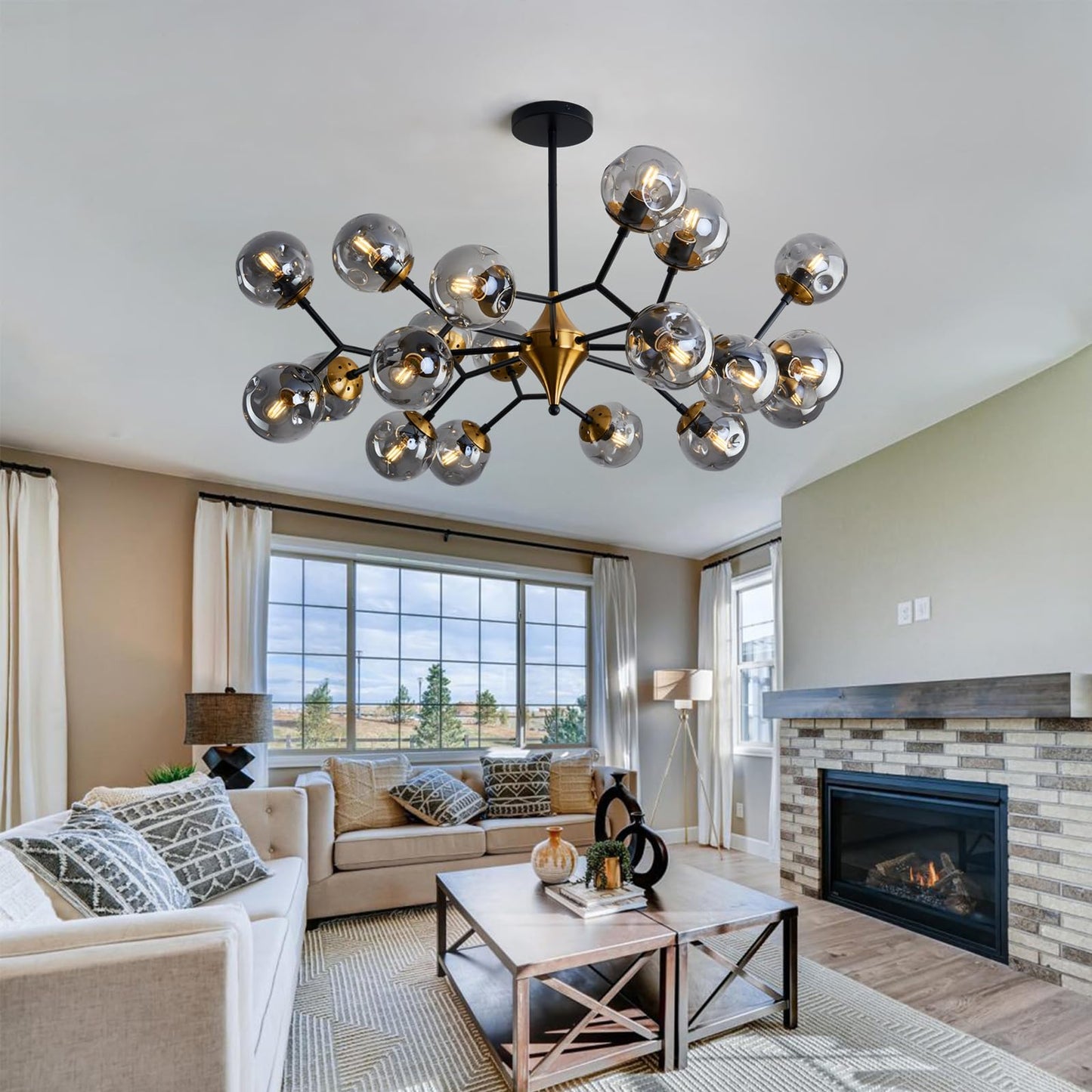 hesoge 20 Light Extra Large Sputnik Chandelier Mid Century Modern Black and Gold Ceiling Light Fixture with Glass Globe Pendant Light Hanging for Dining Room Kitchen Living Room Foyer.