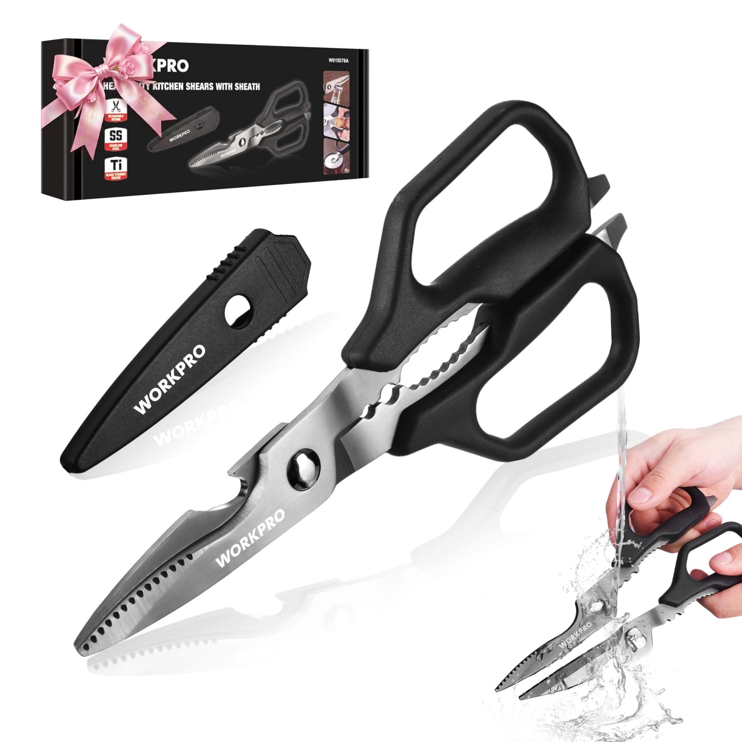 WORKPRO Kitchen Scissors, All Purpose Kitchen Shears with Detachable Stainless Steel Blades, Titanium Coated for Easy Cleaning, Heavy Duty for Meat, Fish, Nuts, Vegetables, Protective Cover Included
