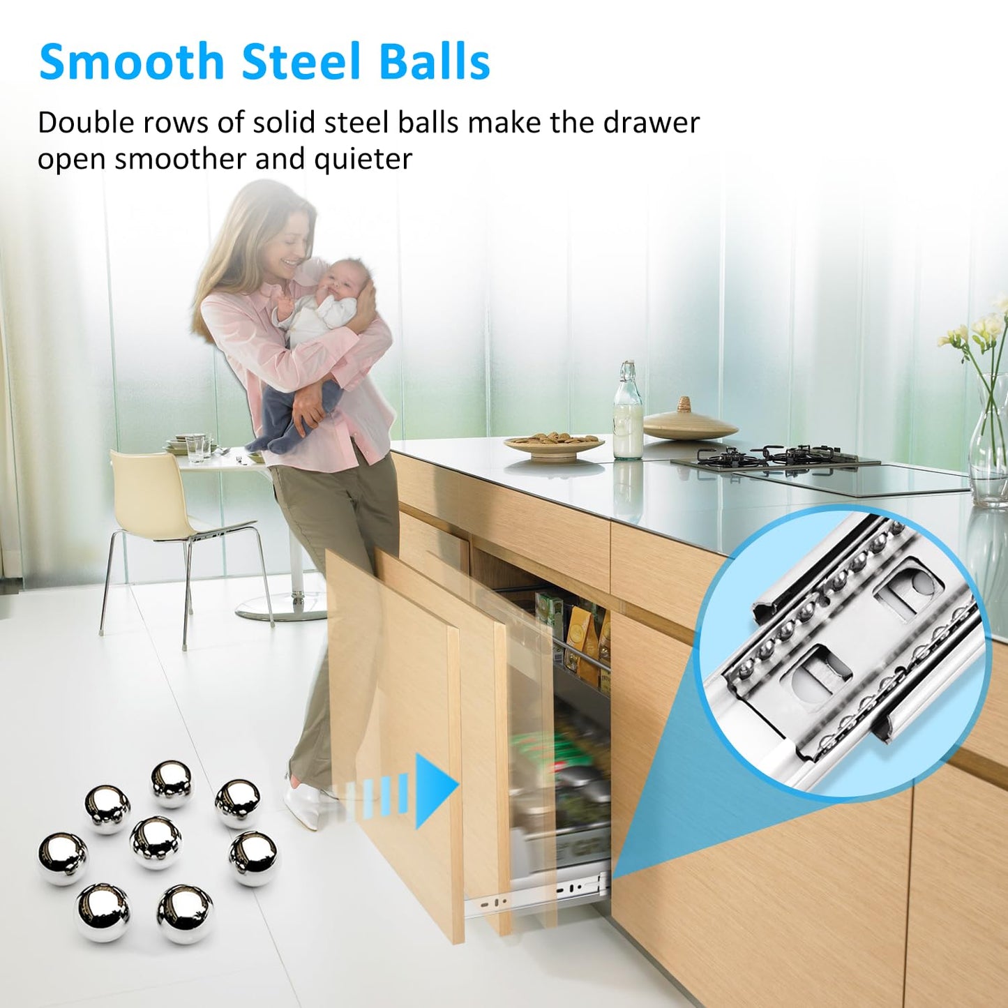REGUDA Stainless Steel Drawer Slides Ball Bearing 3 Folds Full Extension Side Mount Cabinet Runners Glides Rails Track 100 Lbs Load 10 12 14 16 18 20 22 24 Inch (Silver-Stainless Steel- 1 Pr, 12 inch)
