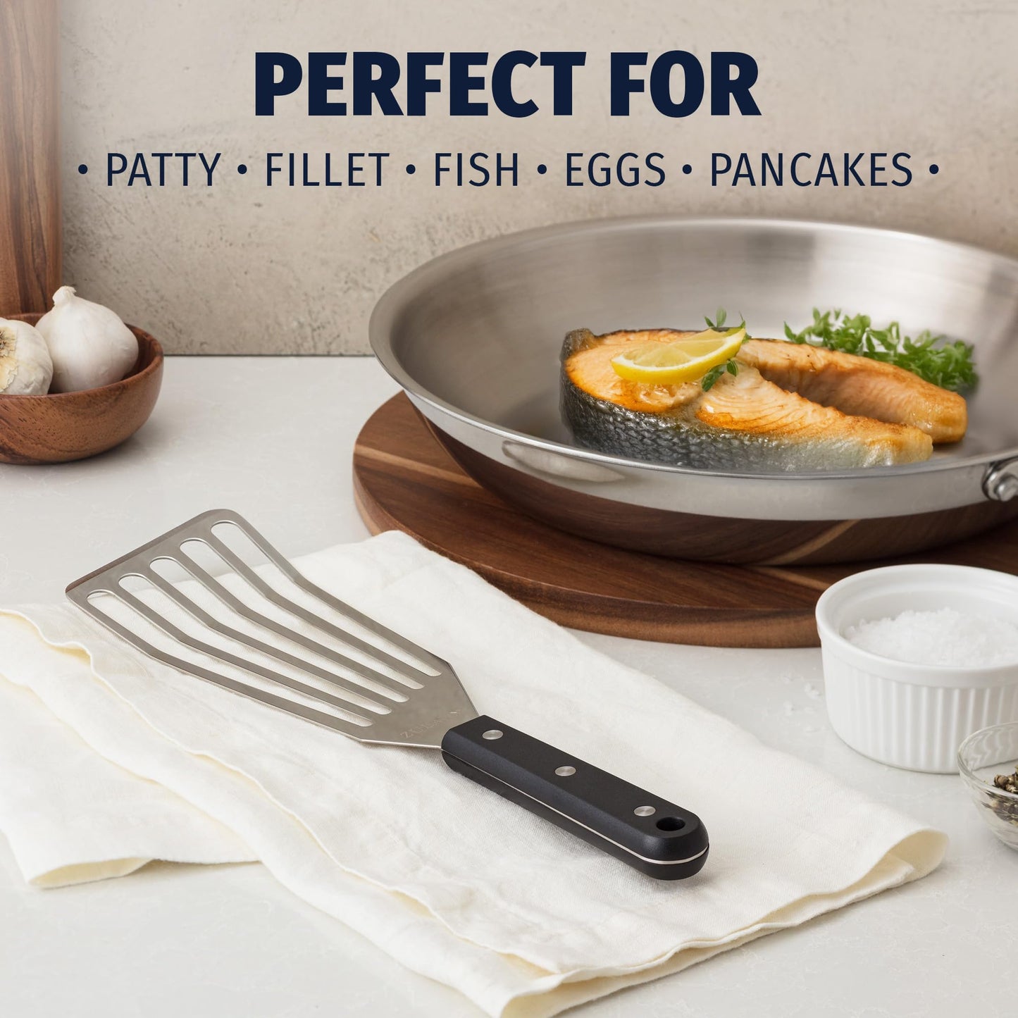 Zulay Kitchen Stainless Steel Fish Turner Spatula - 12.4” Flexible Heat-Resistant Slotted Turner for Non-Stick Cookware - Rust-Proof, Durable & Dishwasher Safe Cooking Utensil for Everyday Use
