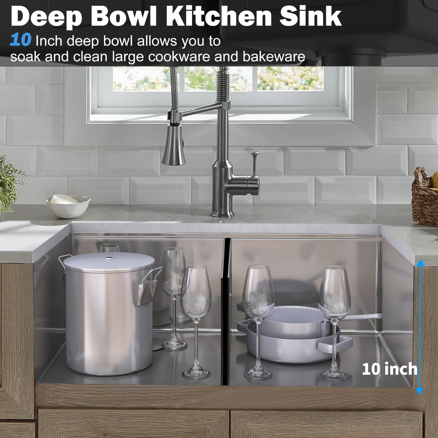 SANYCASA 33 Inch Double Bowl Kitchen Sinks with Quick Drain Slope - 11 Gauge (3mm) 304 Stainless Steel Undermount Kitchen Sink with Accessories