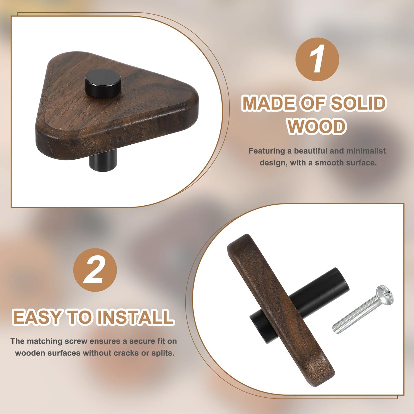 uxcell 6 Pcs Wood Cabinet Knobs, 2.2 Inch Triangular Single Hole Wooden Drawer Knobs Mushroom Shape Handle Pulls with Screws for Furniture Closet Dresser, Black Wood Color