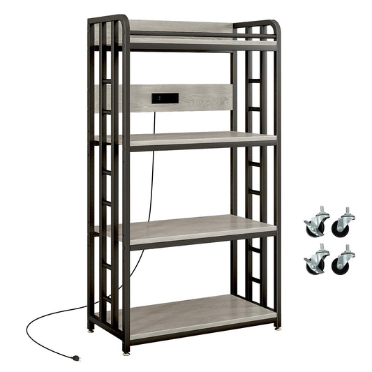 METYERRY Adjustable 4-Tier Heavy Duty Kitchen Baker's Rack with Power Outlet, with Industrial Wheels, Free Standing Microwave Oven Cart Stand for Storage in Living Room, Garage, Greige