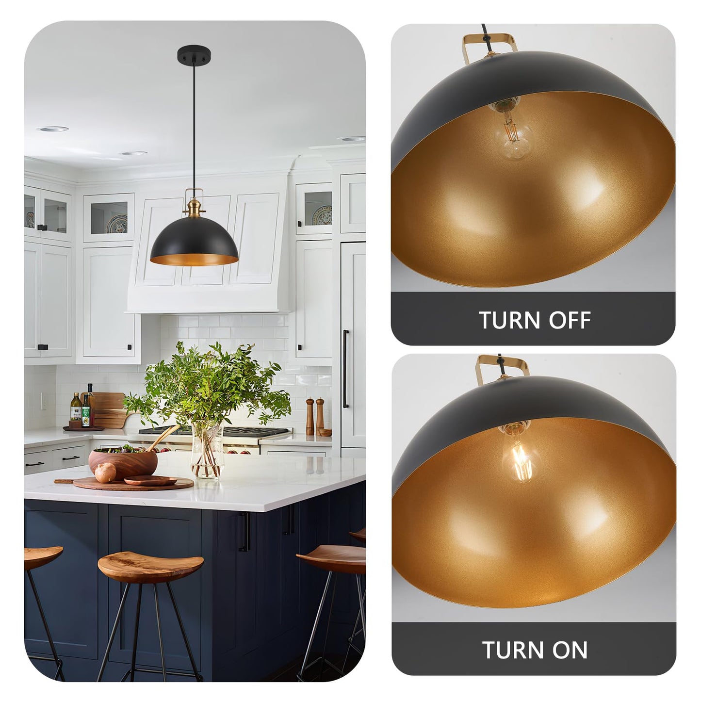 Haolaike 12 Inch Pendant Lights for Kitchen Island Matte Blacks Farmhouse Pendant Light fixtures Adjustable Height Dome Hanging Light for Dinning Room Bedroom Hallway,3 Packs