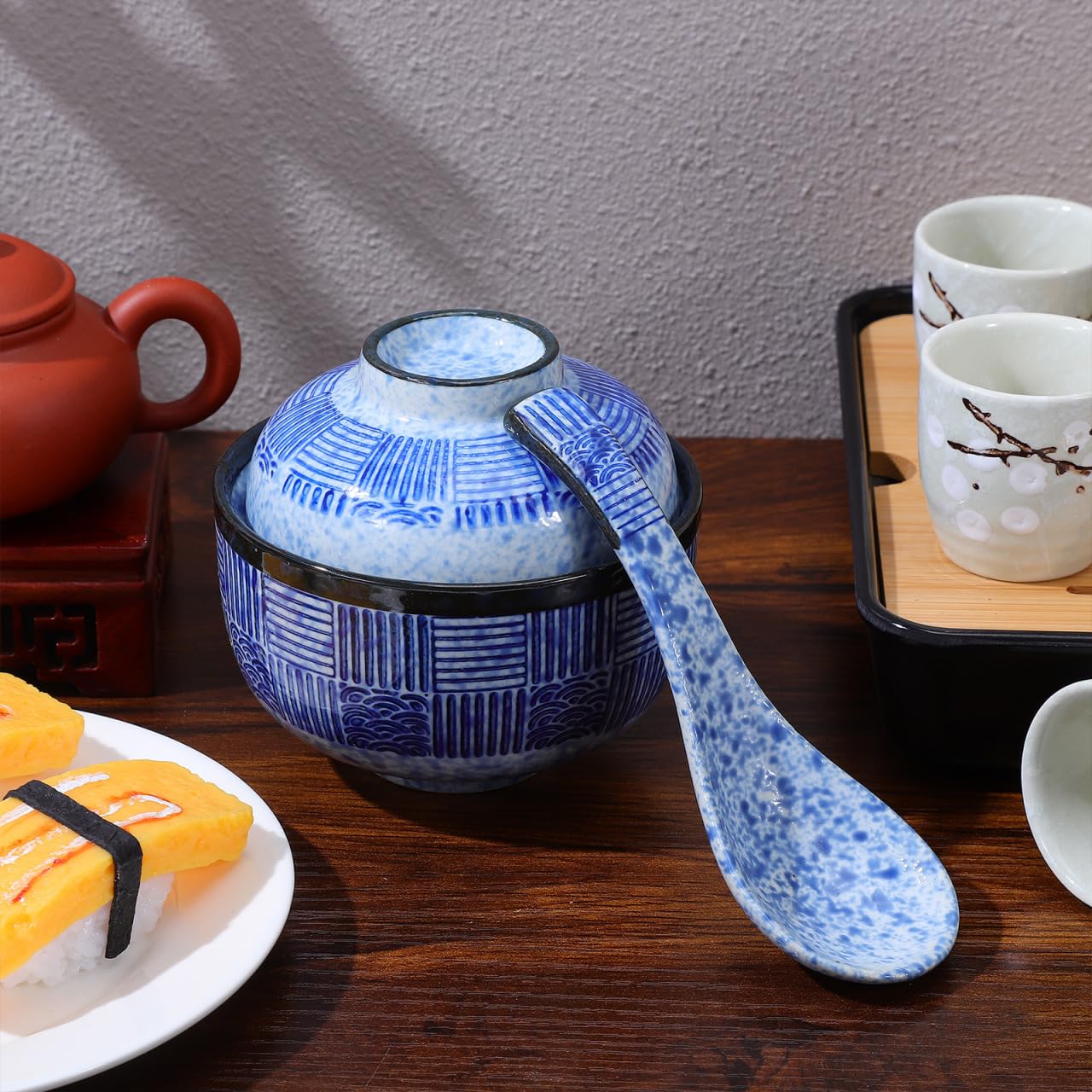 Kichvoe Japanese Ceramic Soup Bowl Set with Lid & Spoon, 4"/8.45oz Miso/Ramen Bowl for Noodles, Rice, Family Dinners & Home Kitchen Dinnerware