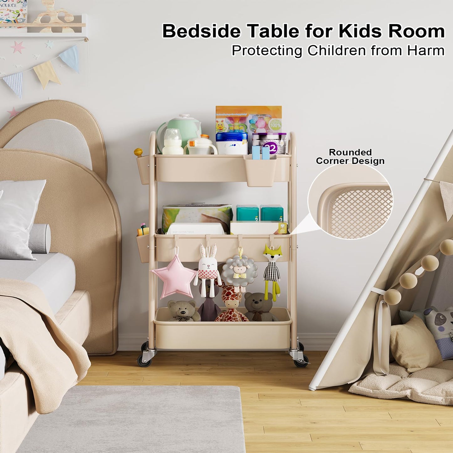 Beige 3 Tier Rolling Cart Metal on Wheels, Three Tiered Storage Organizer Utility Trolley with Wheels for Art, Craft, Baby Diaper Caddy, Snack, Book, Nail, Lash, Cleaning Supplies, Kitchen, Bathroom
