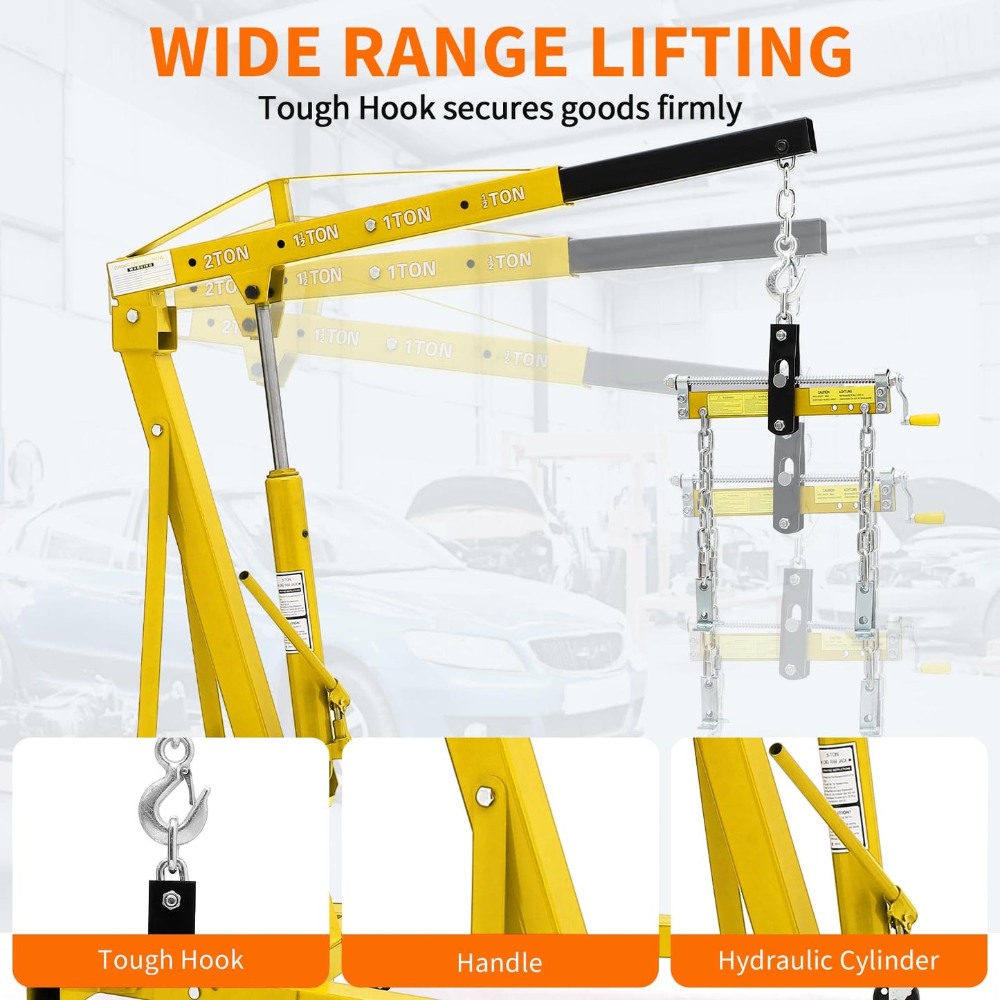 GarveeTech 2-Ton Folding Engine Hoist Cherry Picker 4400 Lb Capacity Hydraulic Shop Crane with Telescoping Boom 6 Caster Wheels for Automotive Repair Garage Use Includes Hitch and Storage Red