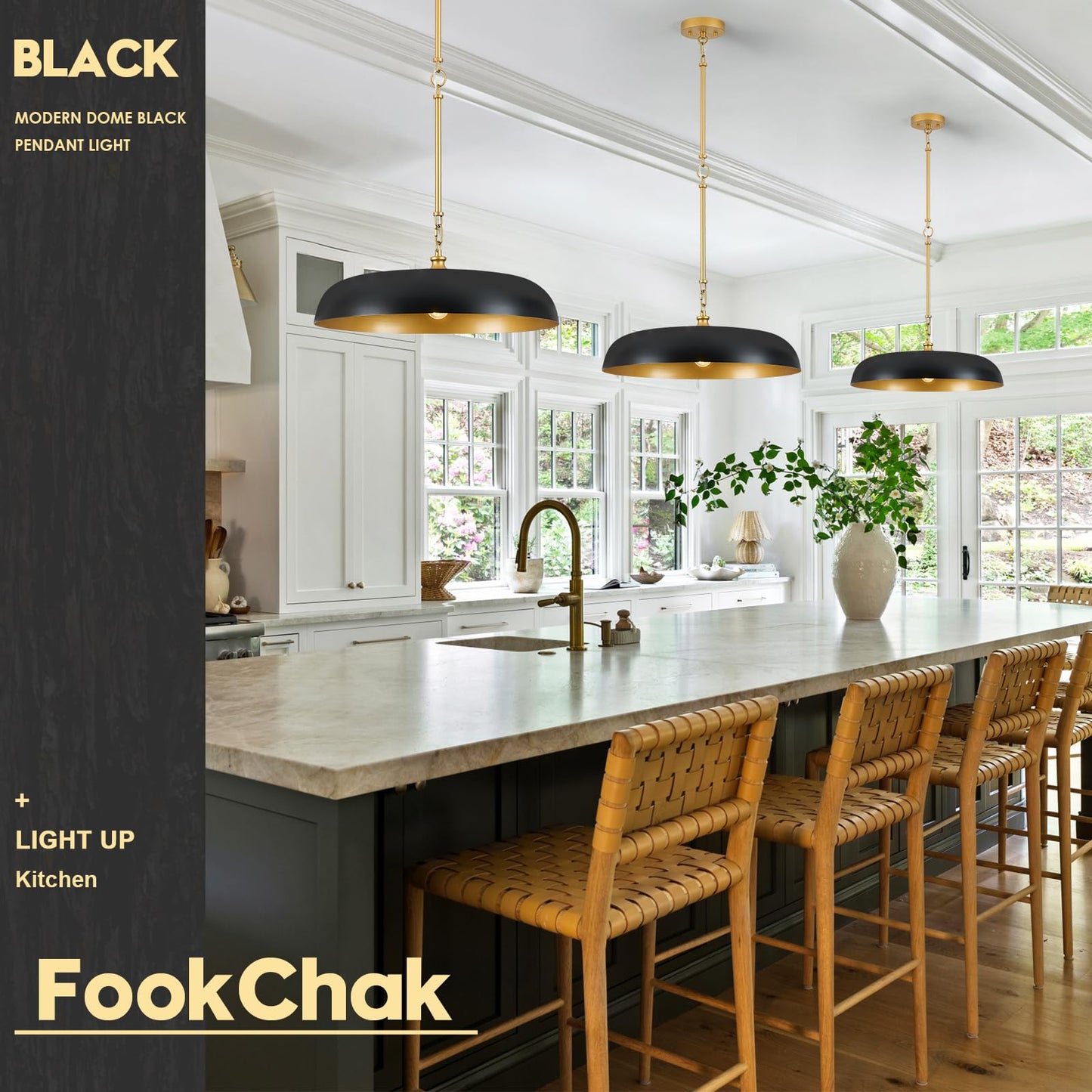 Large Pendant Light 20in Black and Gold Dome Pendant Lights 3 Light Socket Pendant Light Fixture with Adjustable Pendant Lighting for Kitchen Island Dining Room Kitchen Sink, E12