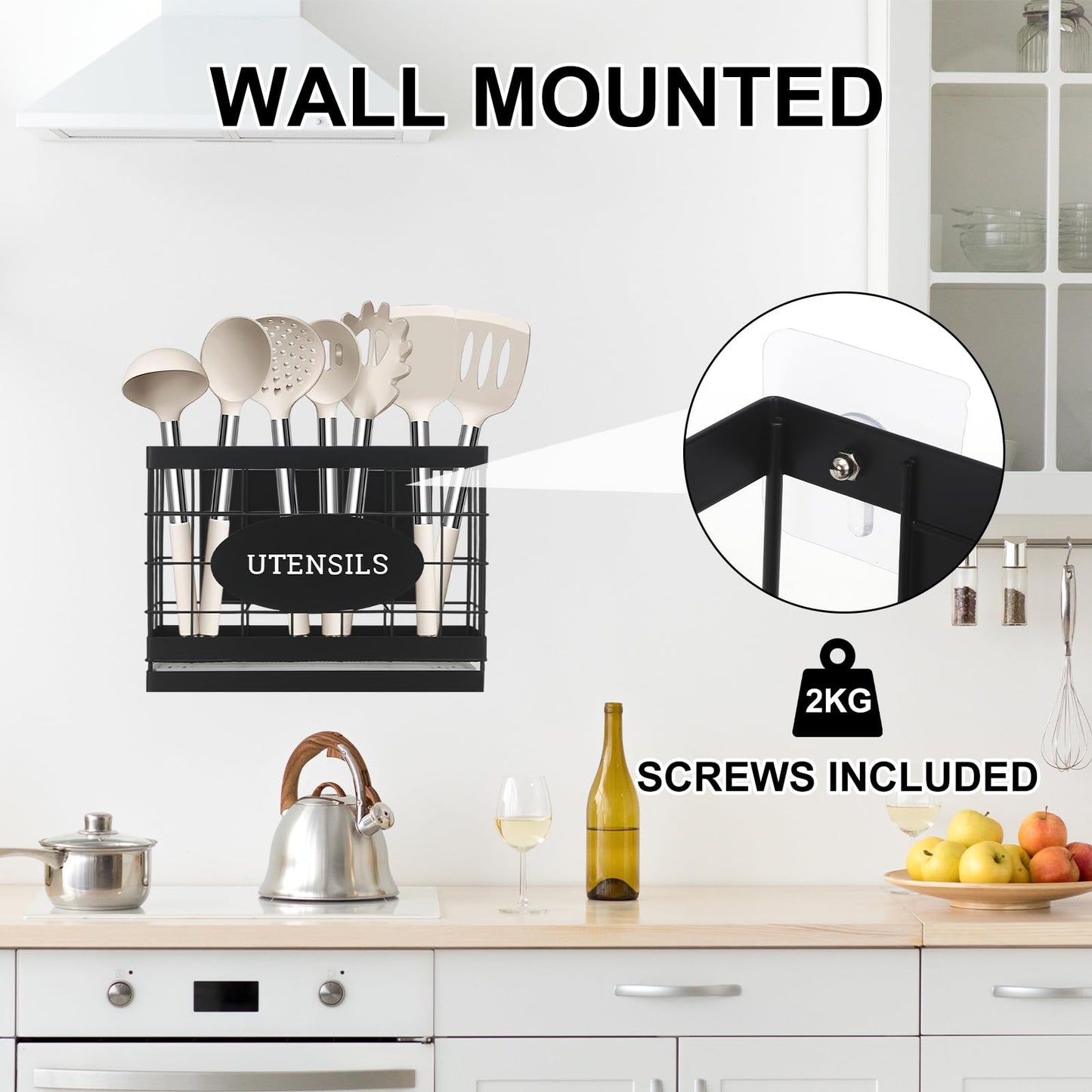 Vivise Magnetic Utensil Holder for Fridge Large Silverware Organizer Kitchen Utensil Organizer with Draining Kitchen Counter Sturdy Black Metal Cooking Caddy Storage for Silicone Spatula Fork Spoon