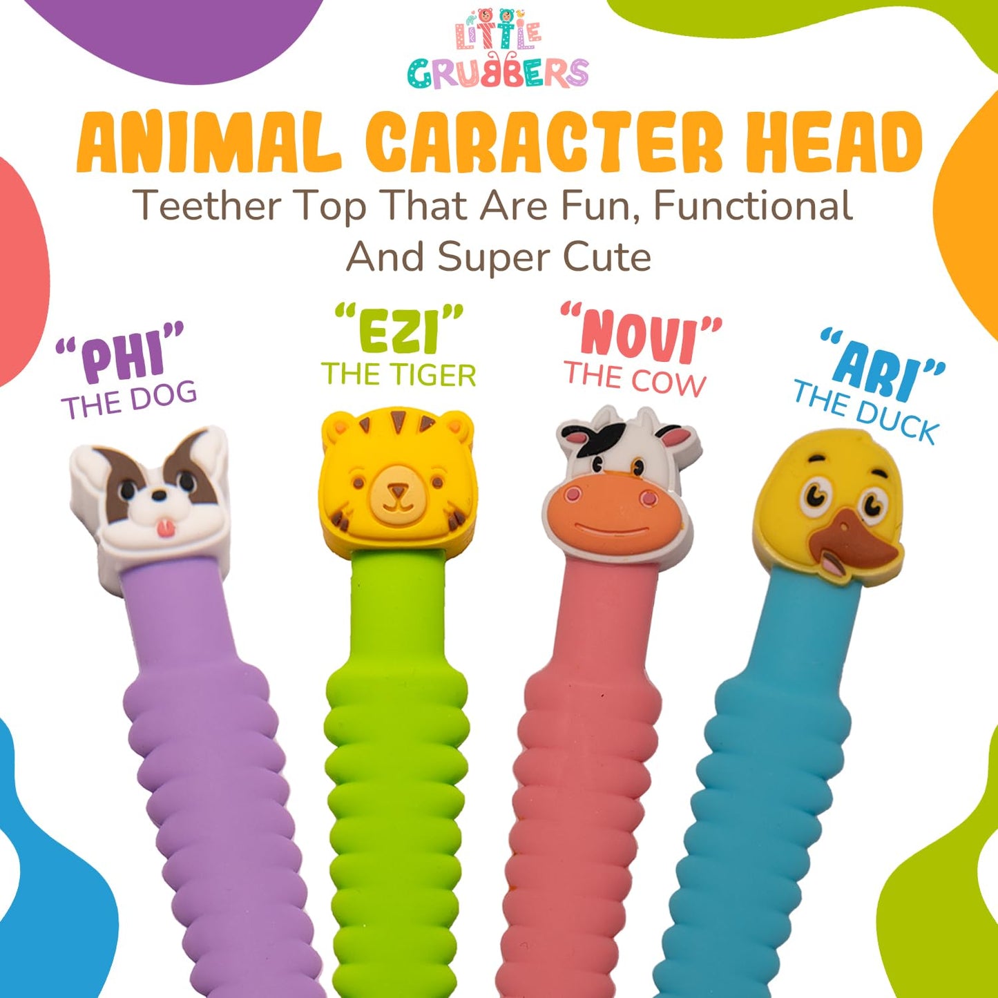 Little Grubbers 3-in-1 Silicone Baby Spoon Self Feeding 6+ Months - Pediatric OT Designed Teether Spoon, BPA Free Toddler Utensils, Mess-Free, Fun for Baby Led Weaning Supplies, Cow & Tiger