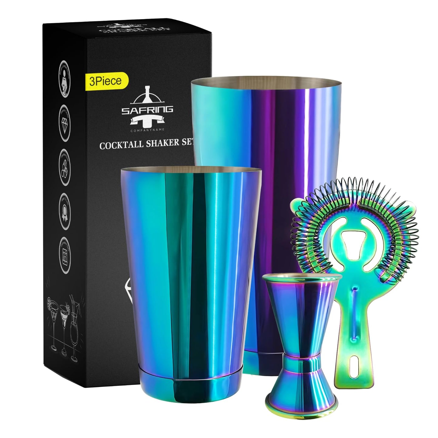 Safring Boston Cocktail Shaker Bar Set, Weighted Boston Shaker Tins, Bartender Kit with 18oz & 28oz Mixed Drink Shaker, Hawthorne Strainer, Double Measuring Jigger - Rainbow