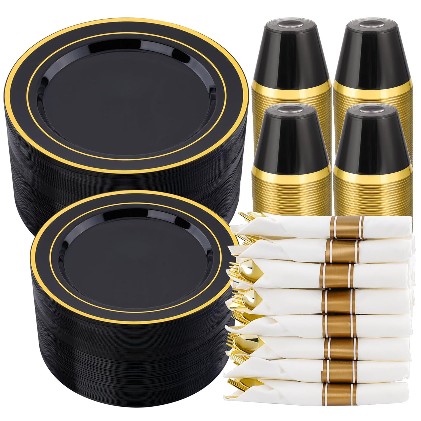 realluck 350 PCS Black Plastic Dinnerware Set for 50 Guests, 100 Disposable Plates for Party, 50 Pre Rolled Napkins with Gold Silverware, 50 Cups for Graduation