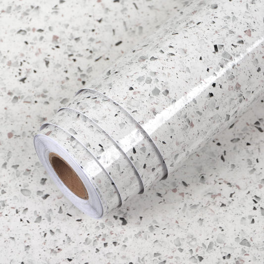 A-b-cil Gray White Terrazzo Contact Paper 88" X 16" Granite Contact Paper for Kitchen Counter Top Peel and Stick Countertop Adhesive Wallpaper for Cabinet Desk Dresser Top Table Covers Stains