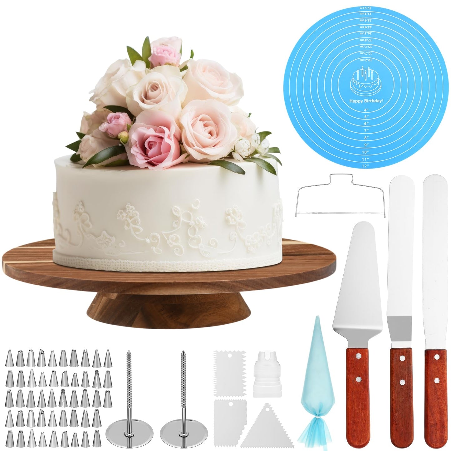 Remerry 61 Pcs Cake Decorating Kit with 12" Wooden Cake Stand Turntable Includes Piping Tips, Spatula, Coupler, Offset & Straight Spatulas, Silicone Mat Baking Tools for Beginners and Professionals