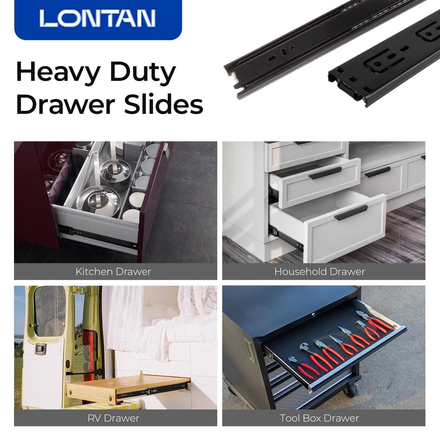 LONTAN Full Extension Ball Bearing Drawer Slides 8 10 12 14 16 18 20 22 24 Inch Heavy Duty Side Mount File Cabinet Rails Dresser Runner Kitchen Cabinet Drawer Glides,12 Inch,1 Pair,Black