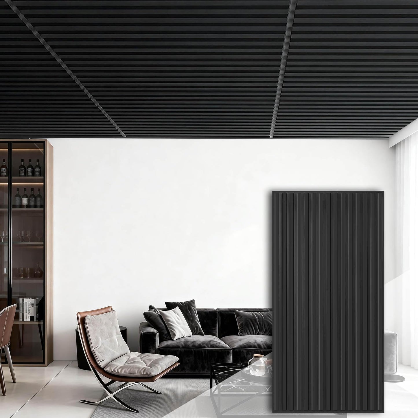 Ceiling Panel 2x4 Feet, PVC Decorative Ceiling Covering Panel, 3D Striped Wall Panel Indoor Wall Decoration, 12 Piece Pack Waterproof Ceiling Panel for Office/Basement/Kitchen/Recording Studio,Black